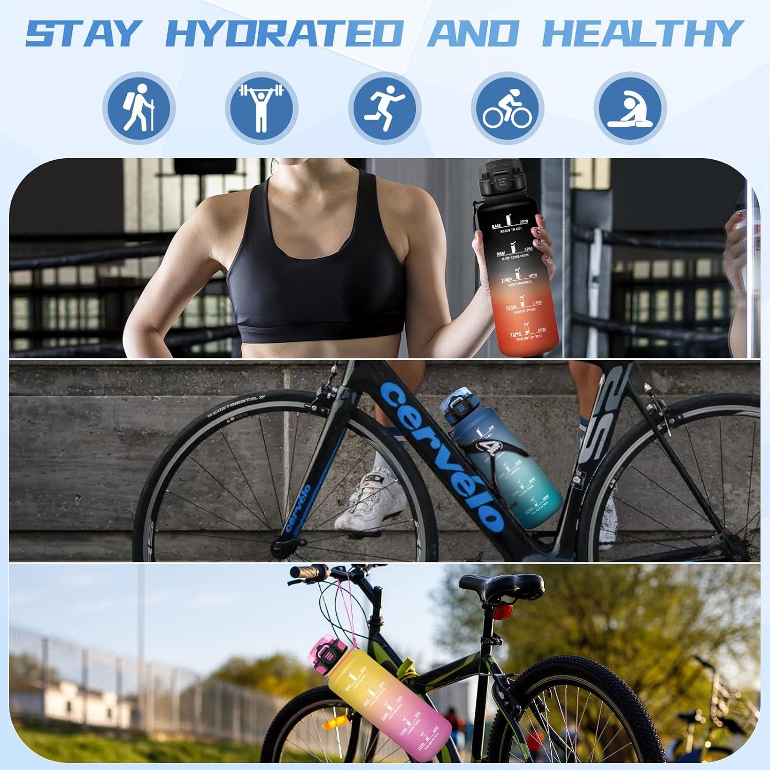 image:imageBouteille deau de 1 l avec paille et indicateur de temps antifuite pour la course le camping et la randonne bouteille de sportBleuvert