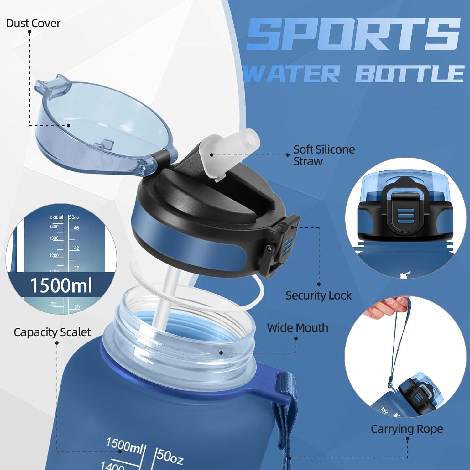 image:imageBouteille deau de 1 l avec paille et indicateur de temps antifuite pour la course le camping et la randonne bouteille de sportBleuvert