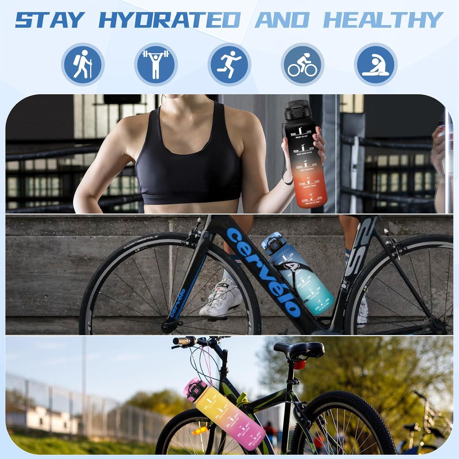 image:imageBouteille deau de 1 l avec paille et indicateur de temps antifuite pour la course le camping et la randonne bouteille de sportBleuvert