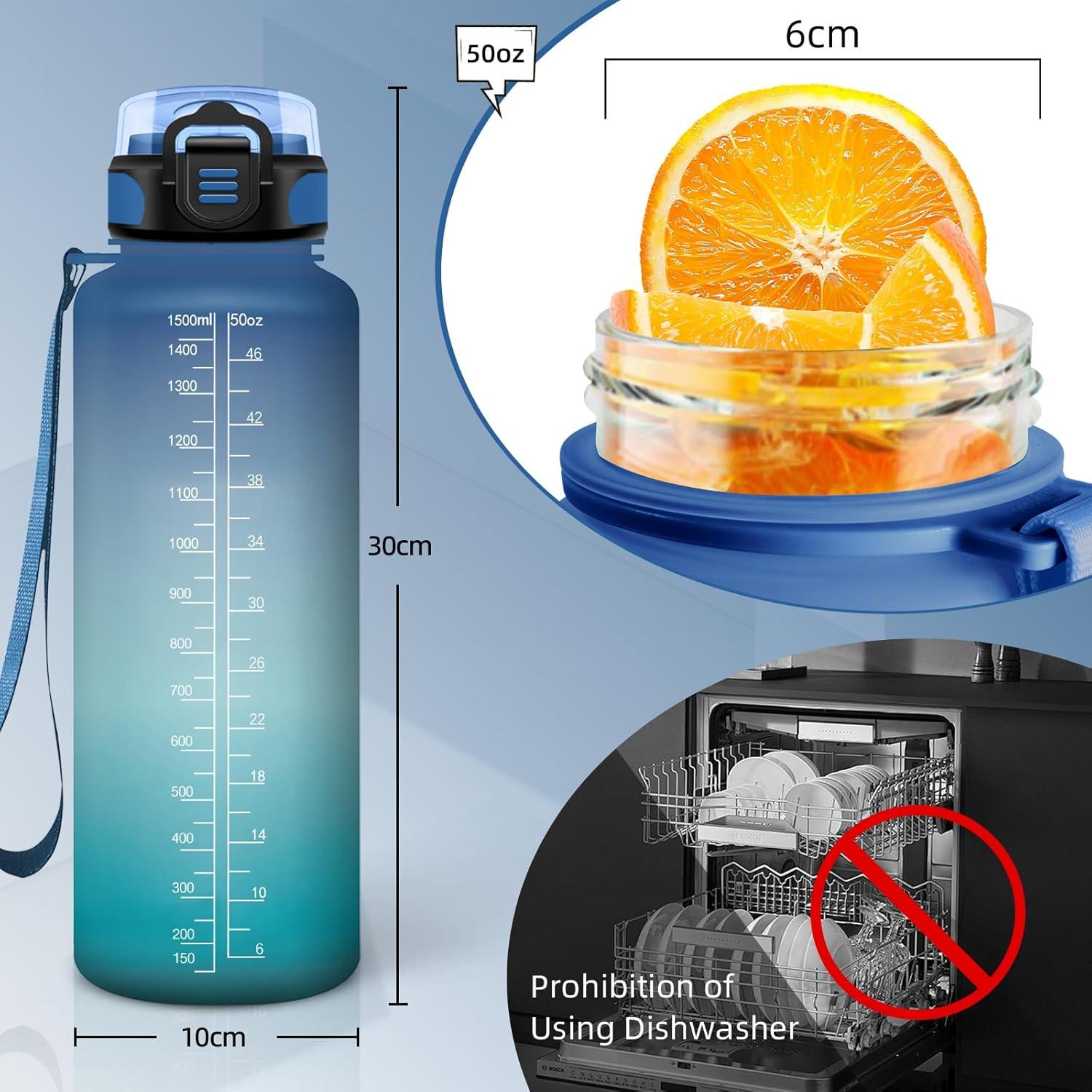 image:imageBouteille deau de 1 l avec paille et indicateur de temps antifuite pour la course le camping et la randonne bouteille de sportBleuvert