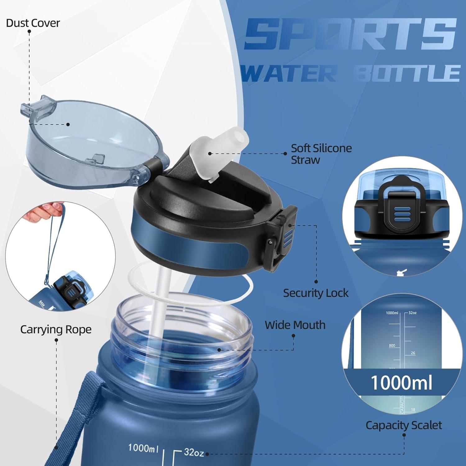 image:imageBouteille deau de 1 l avec paille et indicateur de temps antifuite pour la course le camping et la randonne bouteille de sportBleuvert