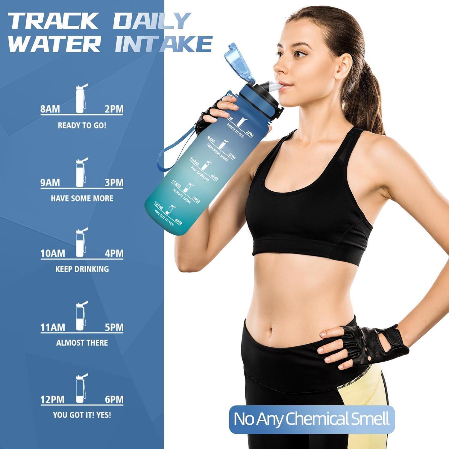 image:imageBouteille deau de 1 l avec paille et indicateur de temps antifuite pour la course le camping et la randonne bouteille de sportBleuvert