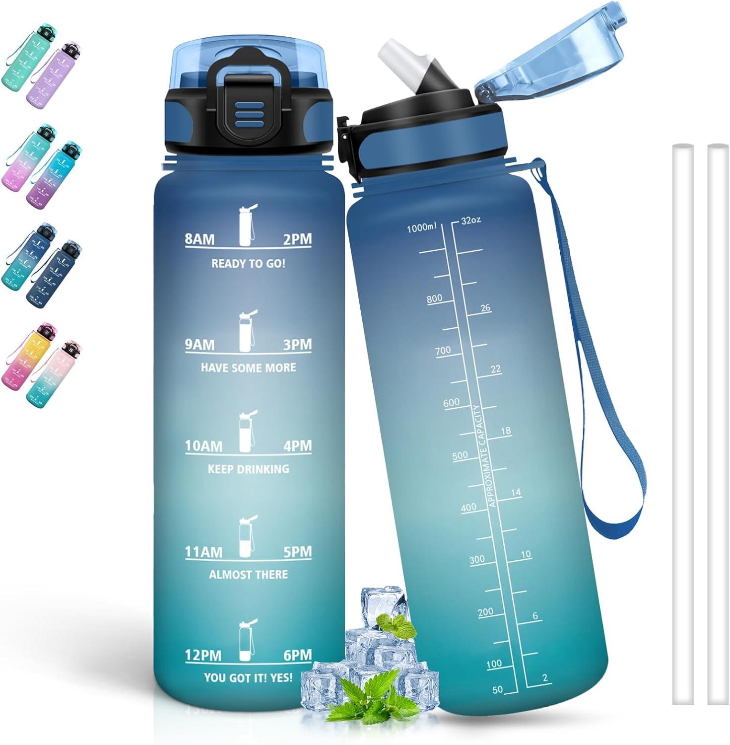 image:imageBouteille deau de 1 l avec paille et indicateur de temps antifuite pour la course le camping et la randonne bouteille de sportBleuvert