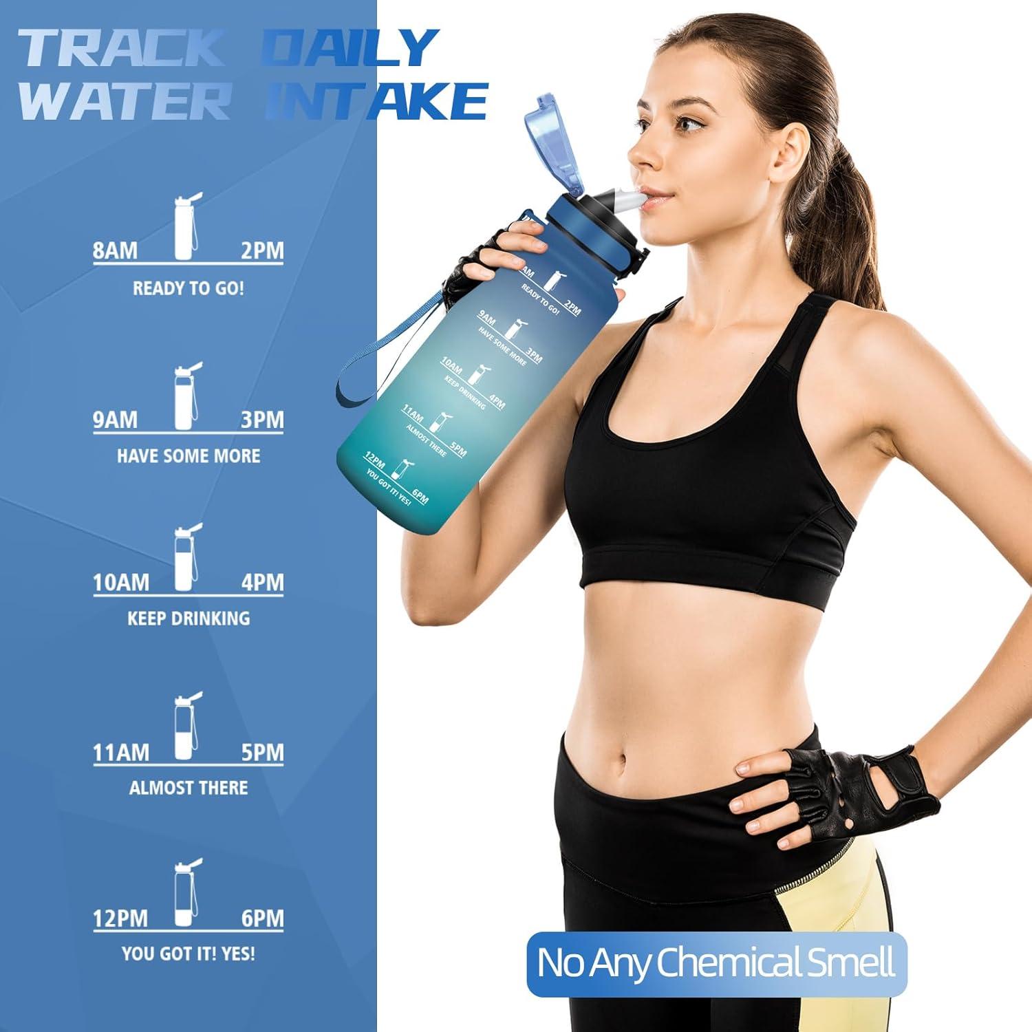 image:imageBouteille deau de 1 l avec paille et indicateur de temps antifuite pour la course le camping et la randonne bouteille de sportBleuvert