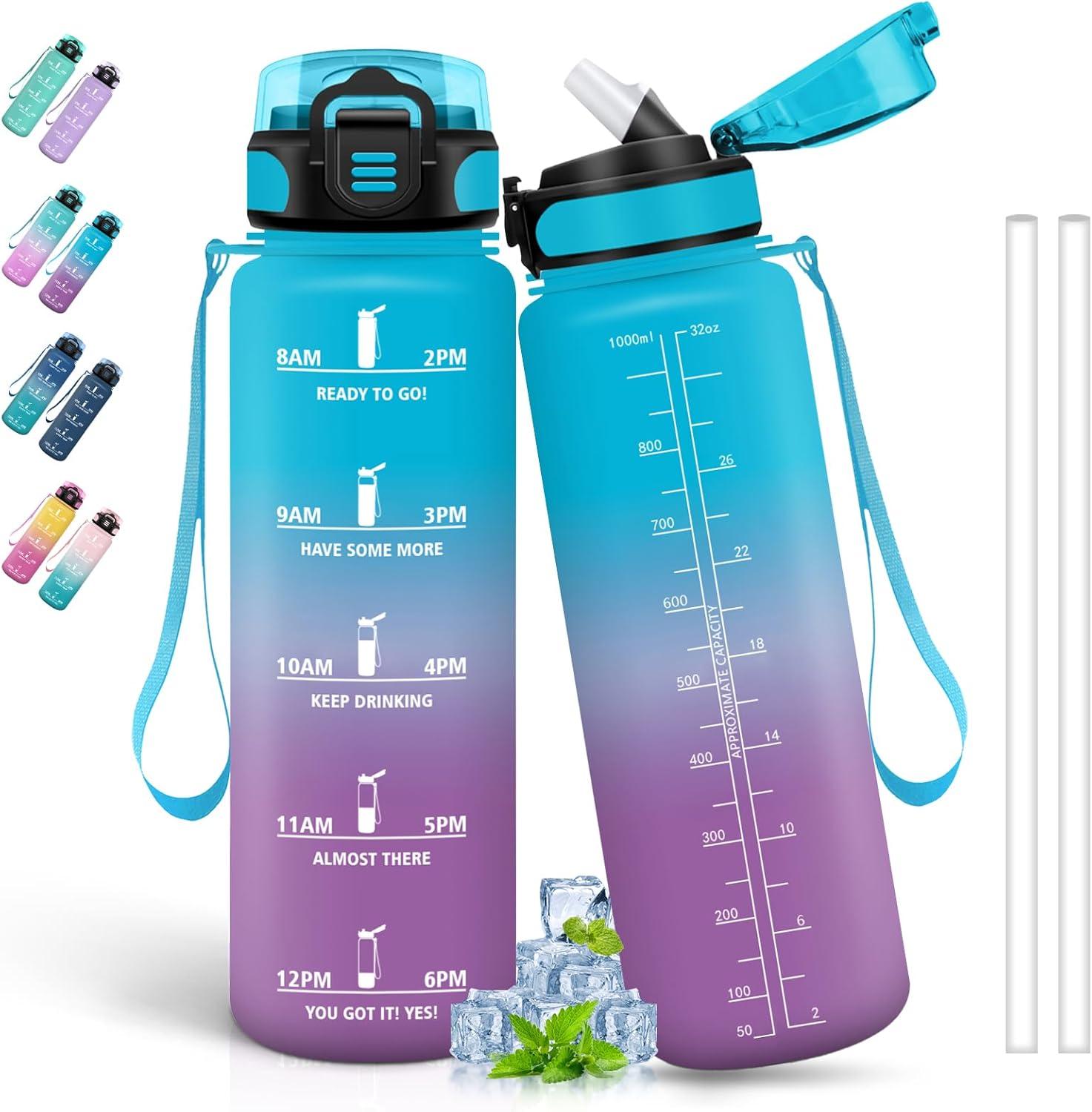 image:imageBouteille deau de 1 l avec paille et indicateur de temps antifuite pour la course le camping et la randonne bouteille de sportBleuviolet