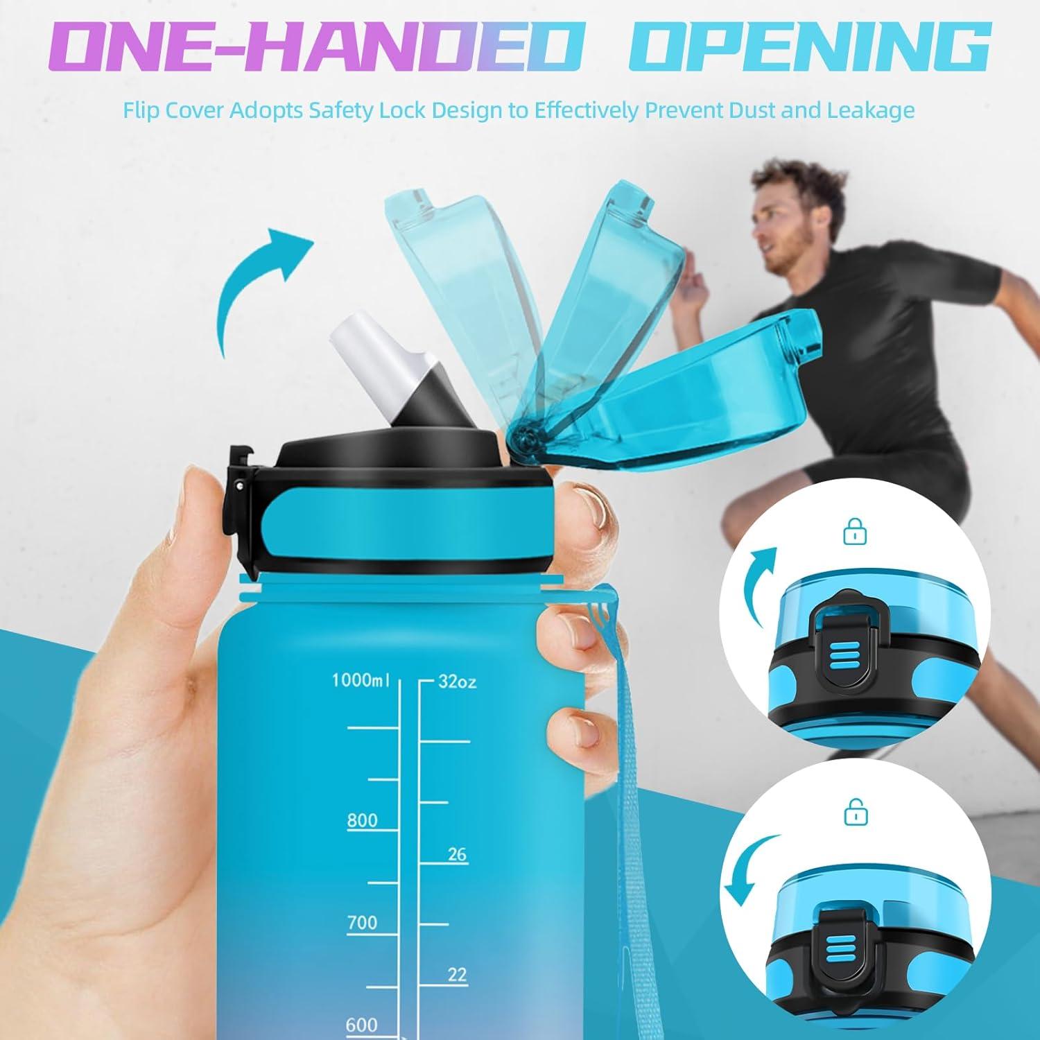 image:imageBouteille deau de 1 l avec paille et indicateur de temps antifuite pour la course le camping et la randonne bouteille de sportBleuviolet
