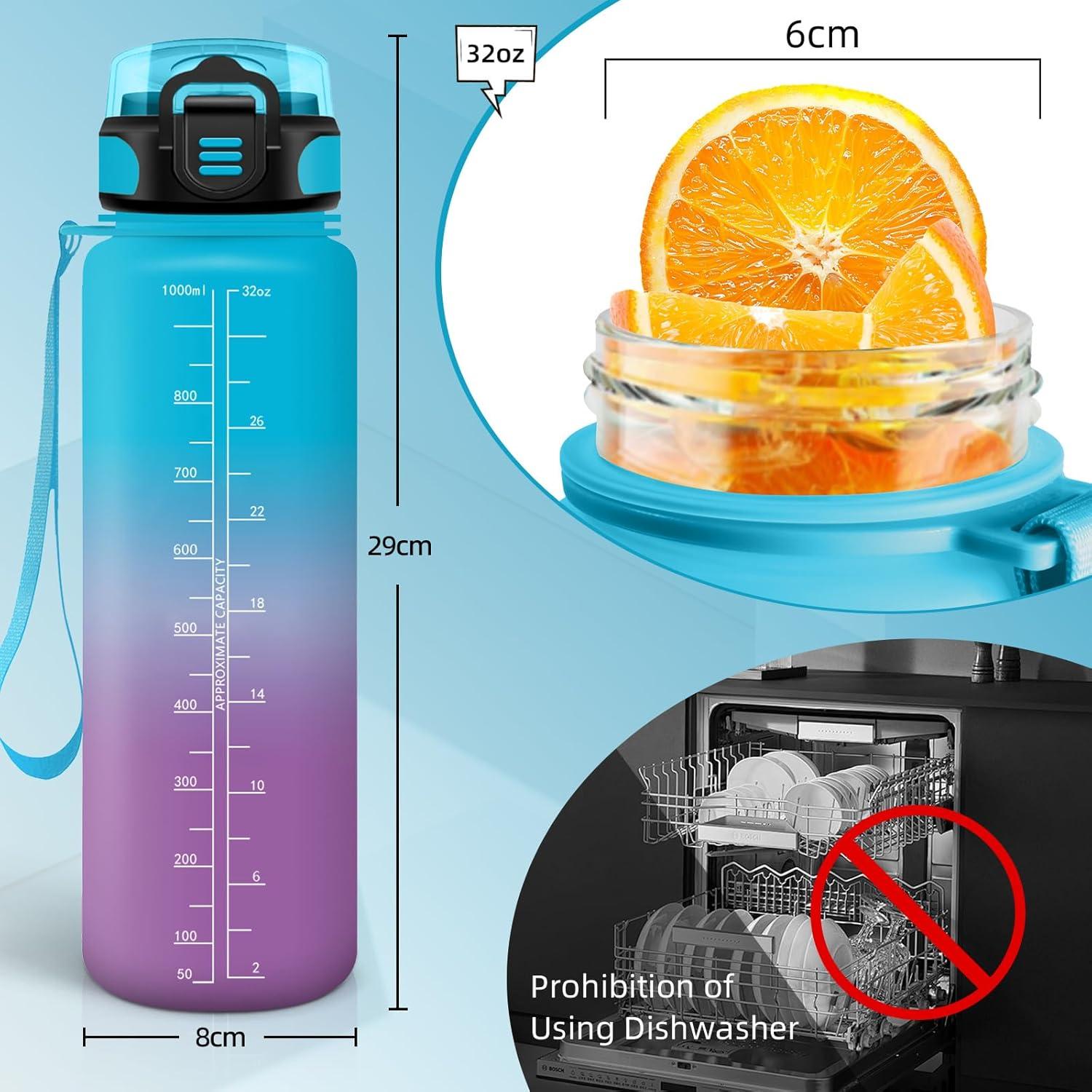image:imageBouteille deau de 1 l avec paille et indicateur de temps antifuite pour la course le camping et la randonne bouteille de sportBleuviolet