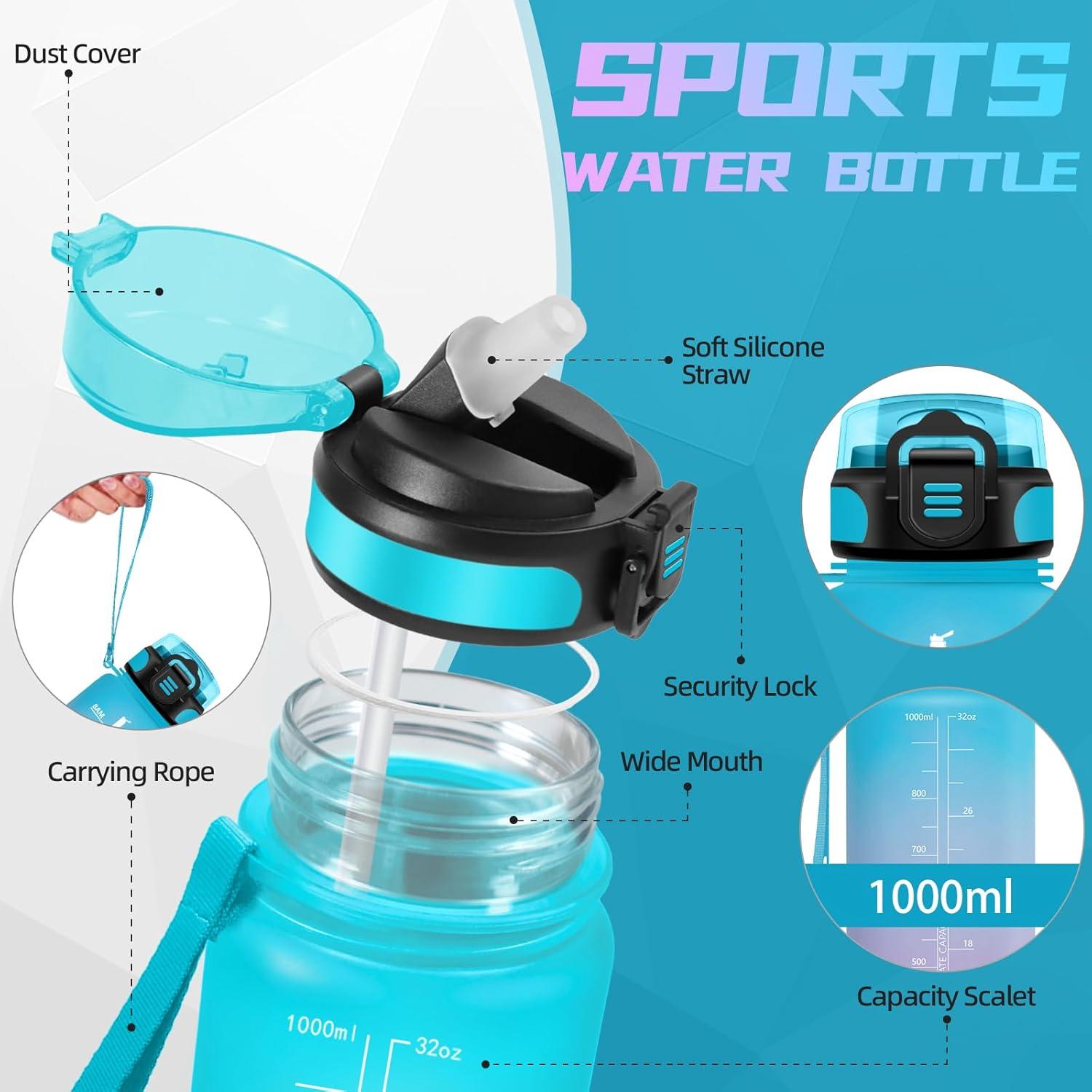 image:imageBouteille deau de 1 l avec paille et indicateur de temps antifuite pour la course le camping et la randonne bouteille de sportBleuviolet