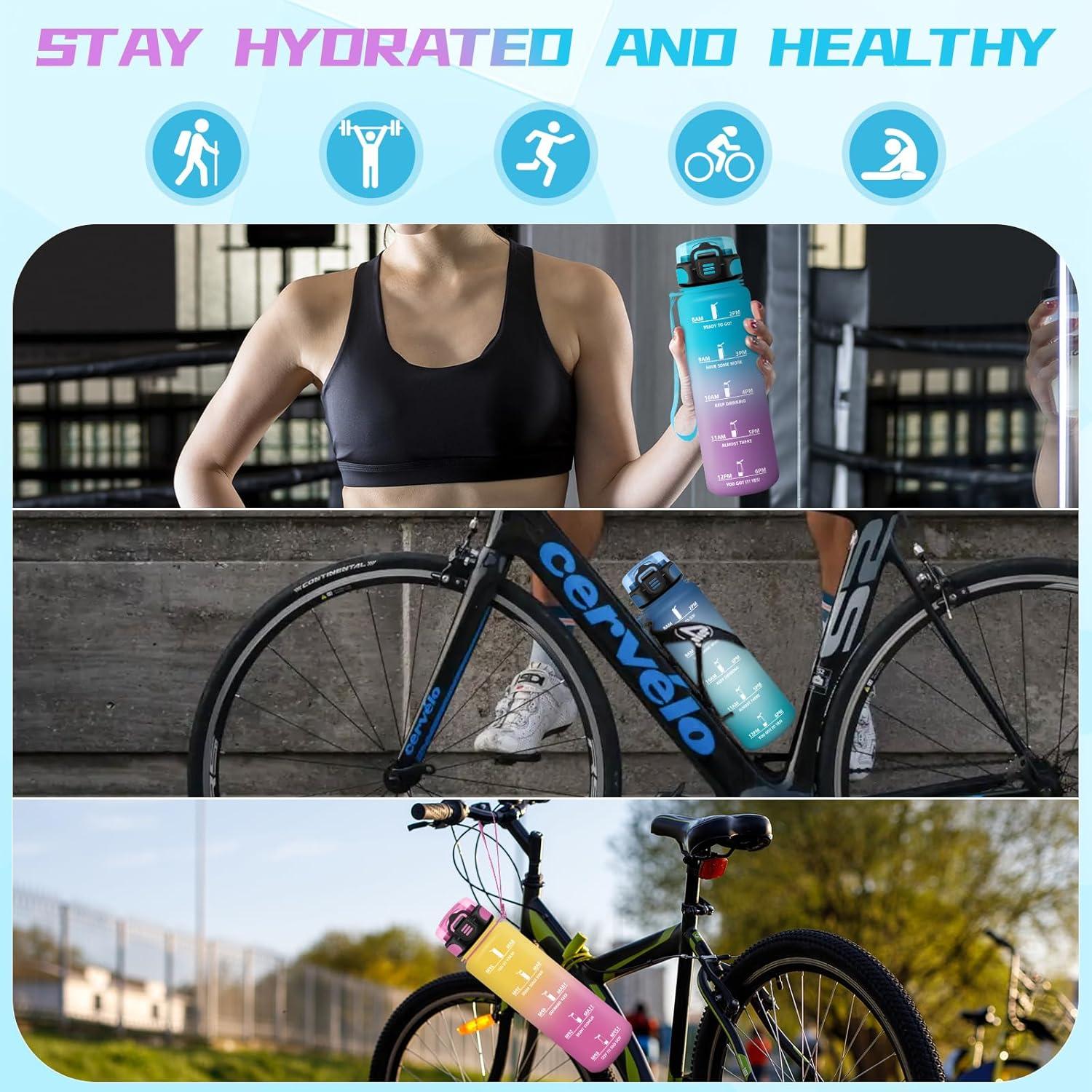 image:imageBouteille deau de 1 l avec paille et indicateur de temps antifuite pour la course le camping et la randonne bouteille de sportBleuviolet