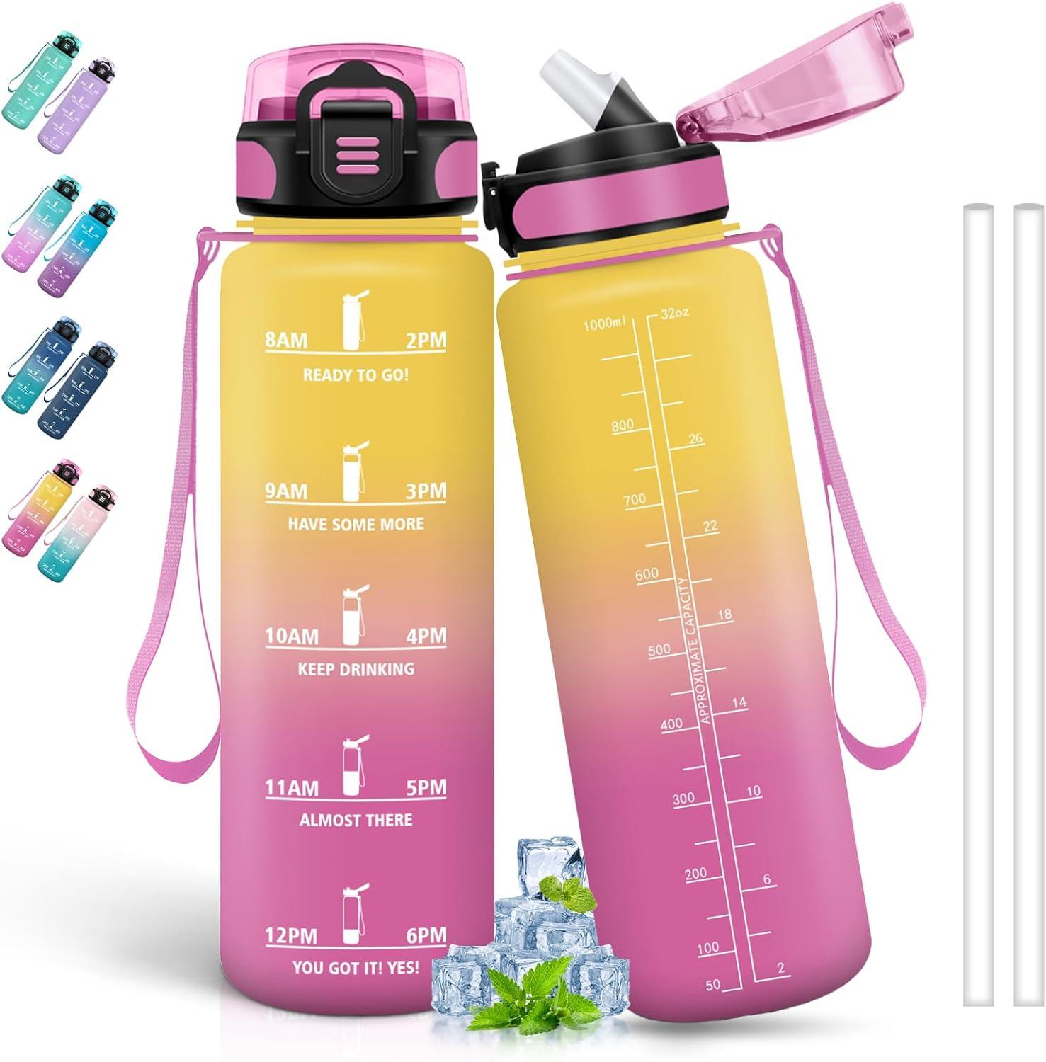 image:imageBouteille deau de 1 l avec paille et indicateur de temps antifuite pour la course le camping et la randonne bouteille de sportJaunerose