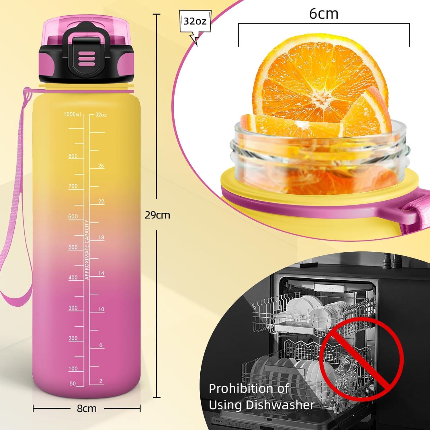 image:imageBouteille deau de 1 l avec paille et indicateur de temps antifuite pour la course le camping et la randonne bouteille de sportJaunerose