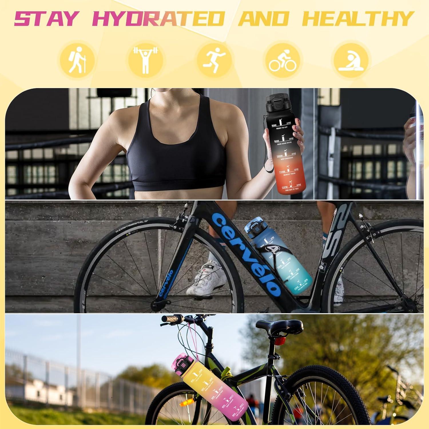 image:imageBouteille deau de 1 l avec paille et indicateur de temps antifuite pour la course le camping et la randonne bouteille de sportJaunerose