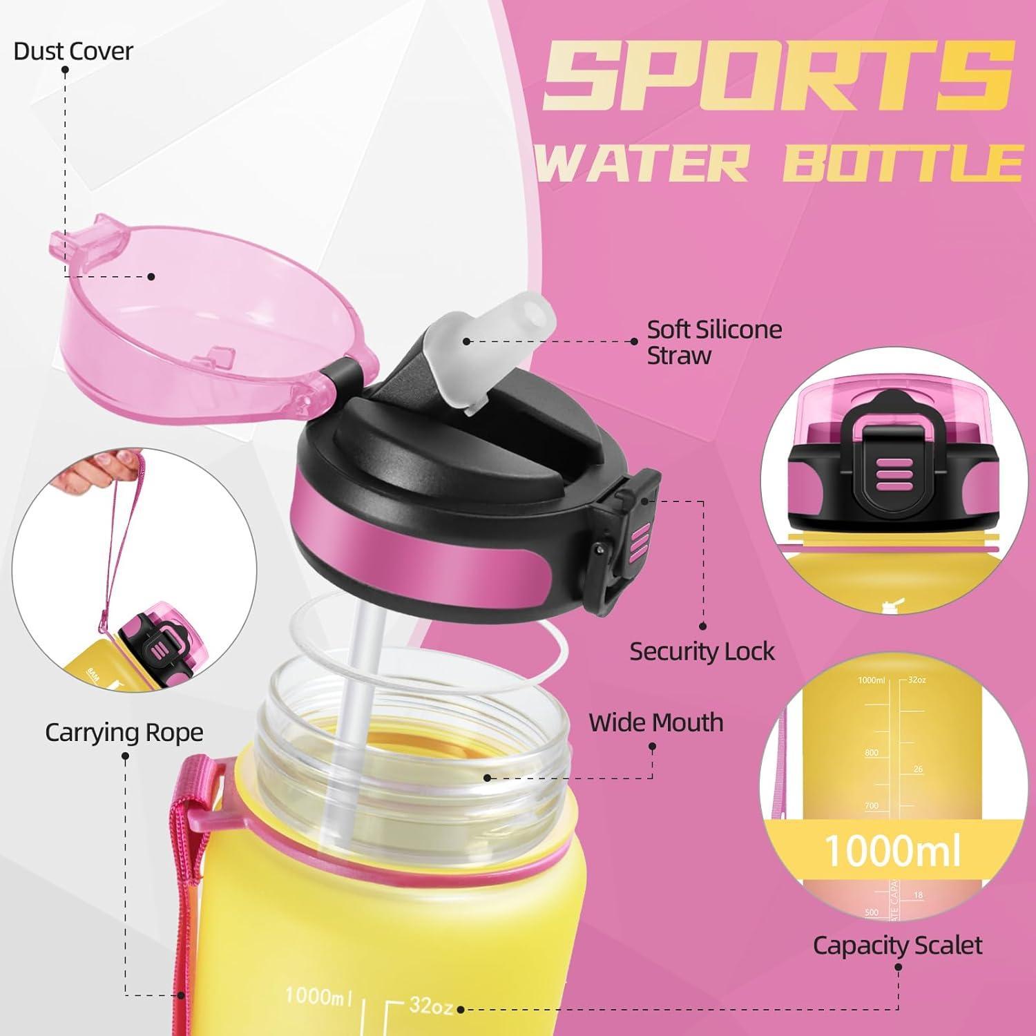 image:imageBouteille deau de 1 l avec paille et indicateur de temps antifuite pour la course le camping et la randonne bouteille de sportJaunerose