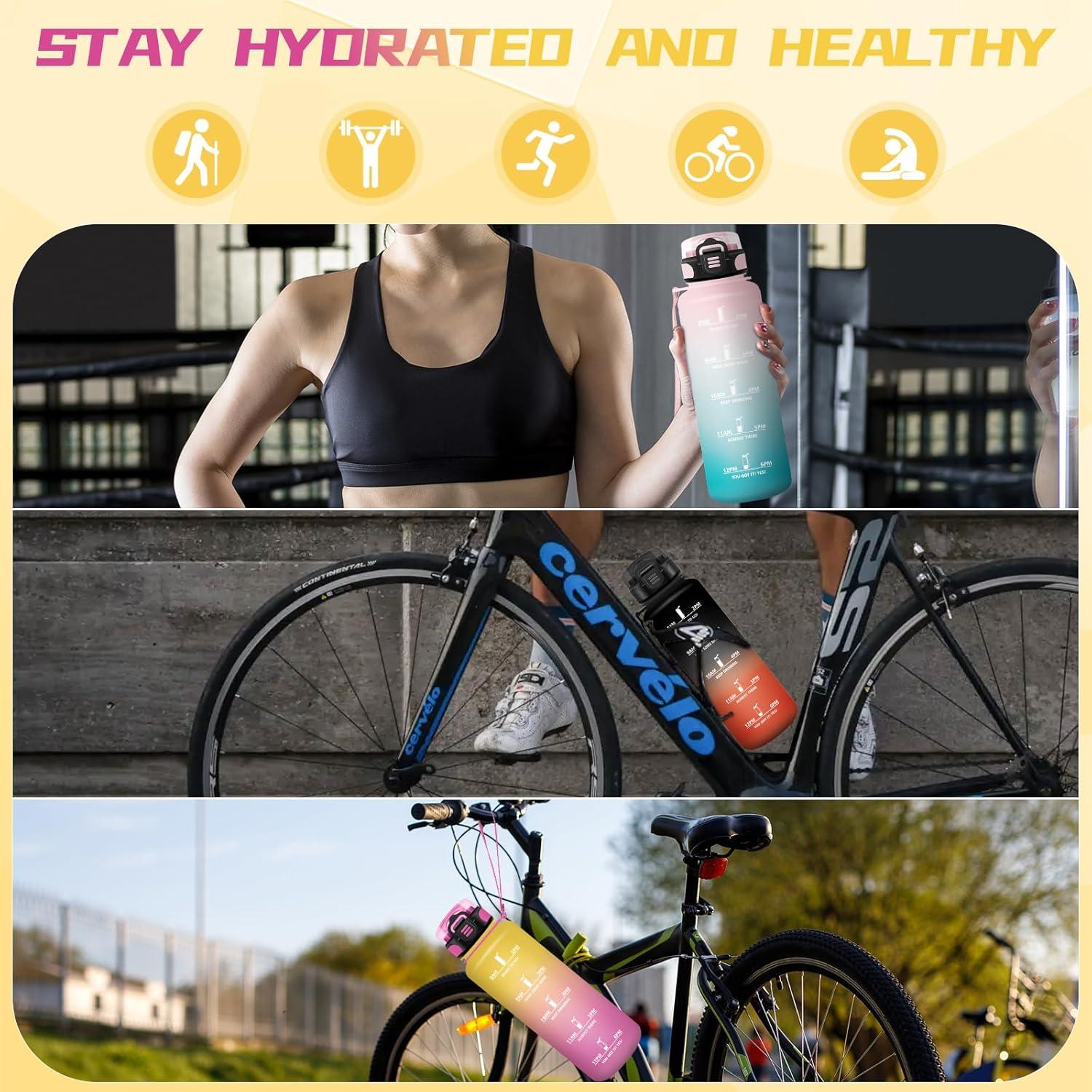image:imageBouteille deau de 1 l avec paille et indicateur de temps antifuite pour la course le camping et la randonne bouteille de sportJaunerose1