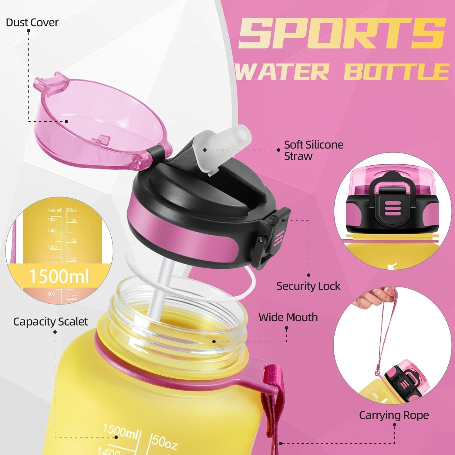 image:imageBouteille deau de 1 l avec paille et indicateur de temps antifuite pour la course le camping et la randonne bouteille de sportJaunerose1