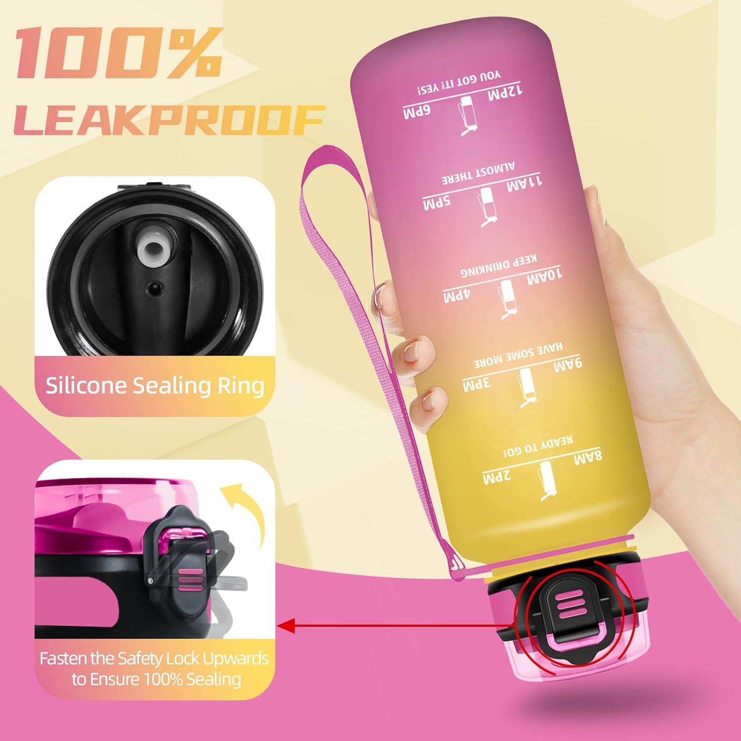 image:imageBouteille deau de 1 l avec paille et indicateur de temps antifuite pour la course le camping et la randonne bouteille de sportJaunerose1