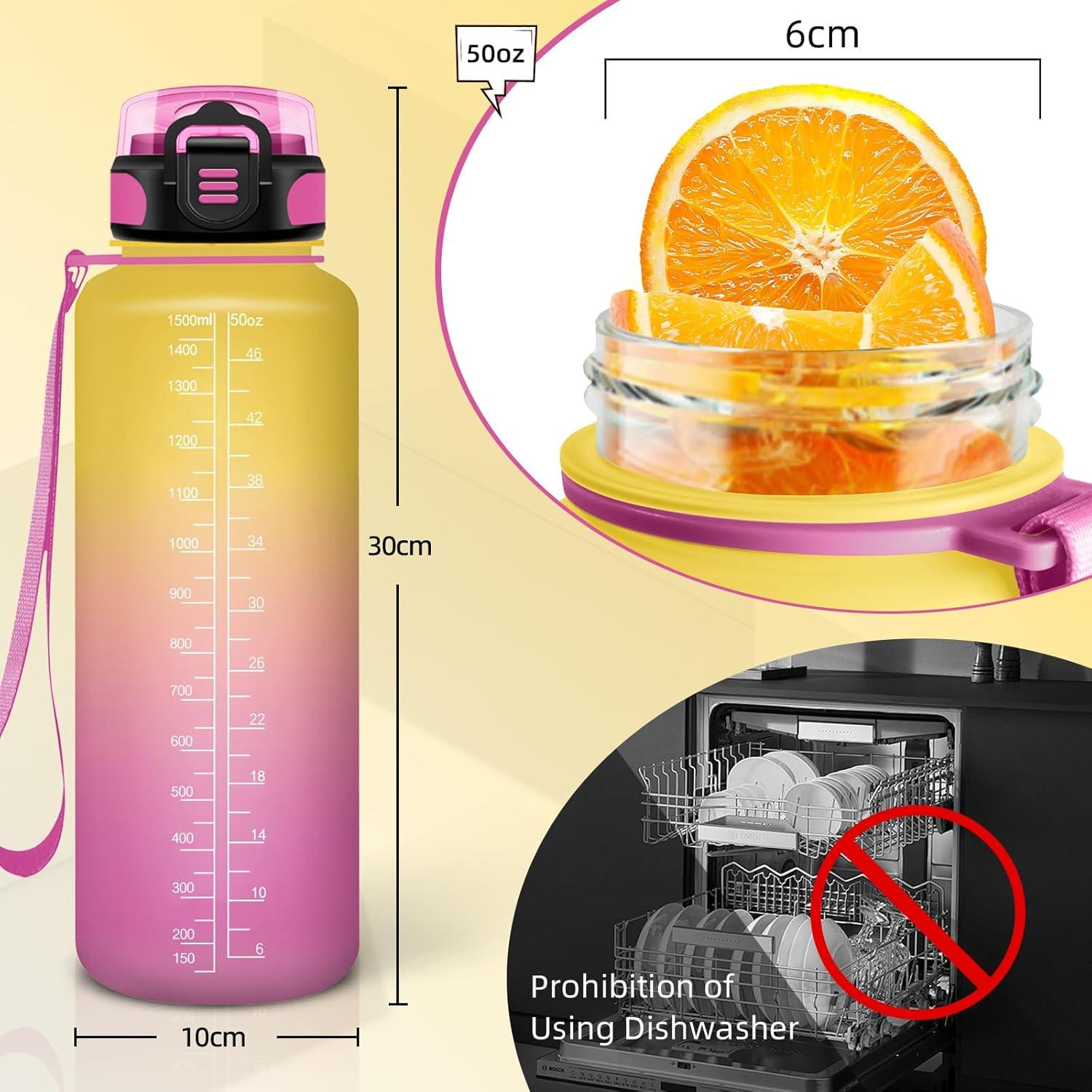 image:imageBouteille deau de 1 l avec paille et indicateur de temps antifuite pour la course le camping et la randonne bouteille de sportJaunerose1