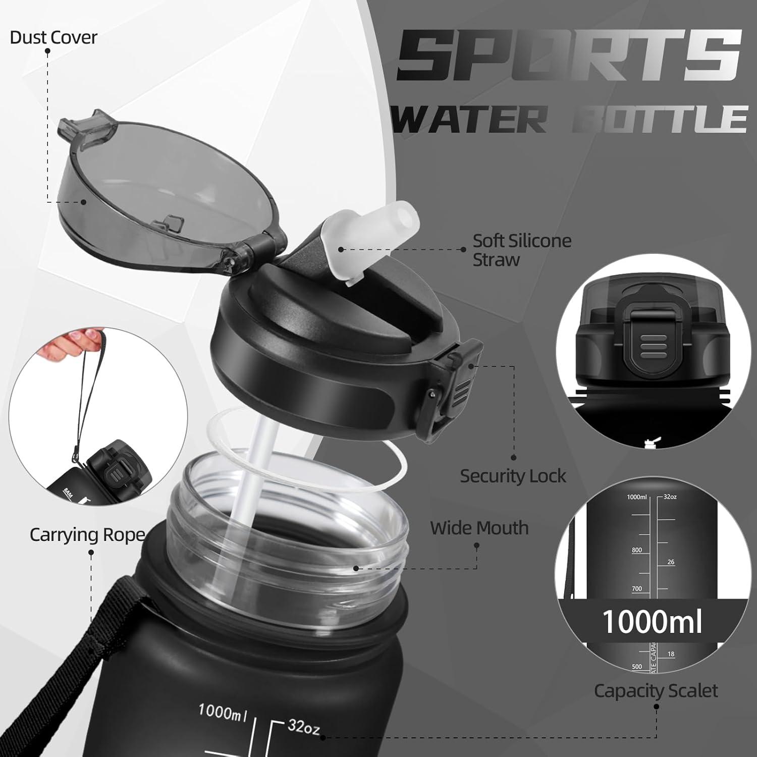 image:imageBouteille deau de 1 l avec paille et indicateur de temps antifuite pour la course le camping et la randonne bouteille de sportNoir