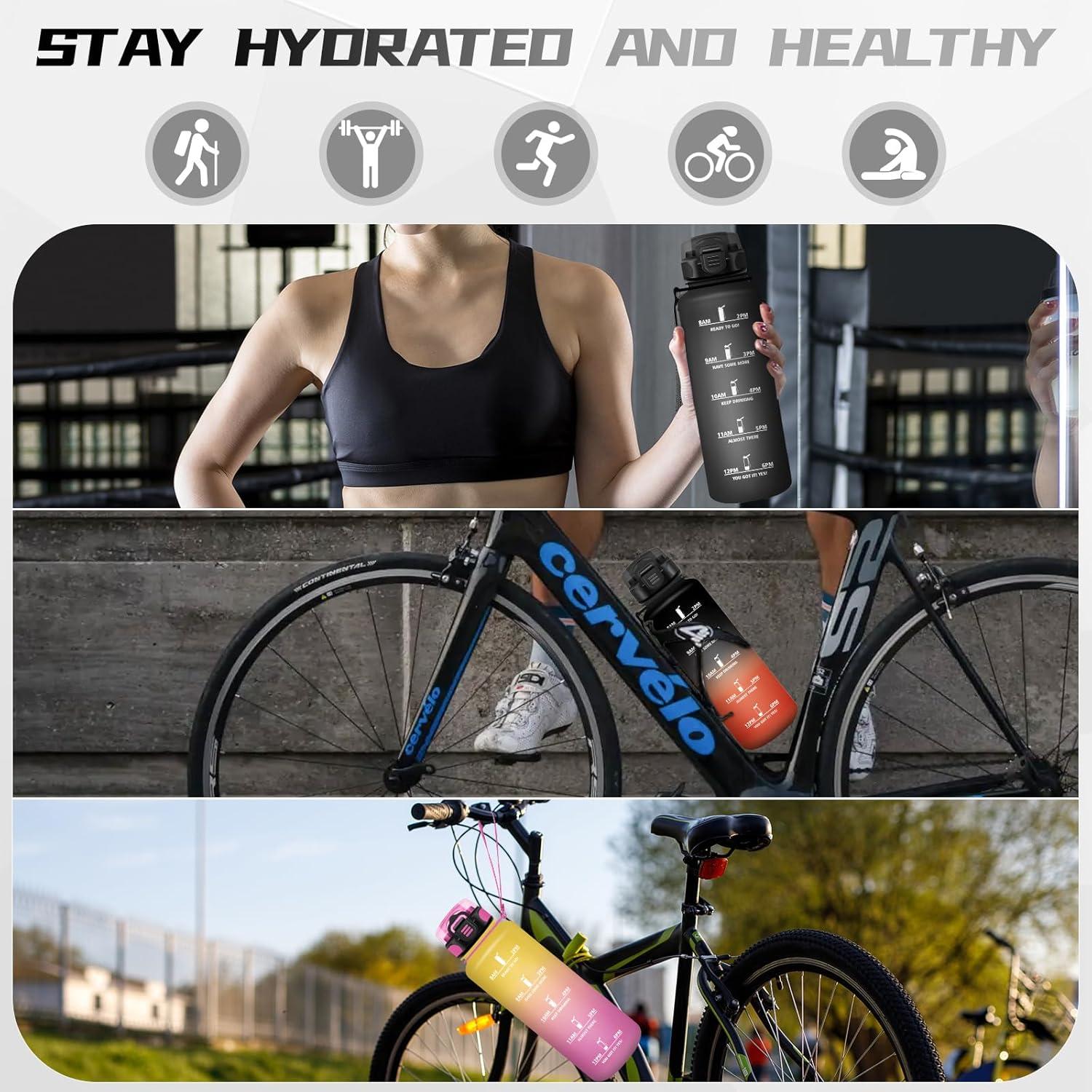 image:imageBouteille deau de 1 l avec paille et indicateur de temps antifuite pour la course le camping et la randonne bouteille de sportNoir