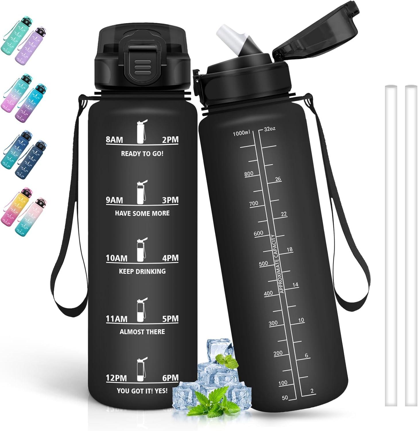 image:imageBouteille deau de 1 l avec paille et indicateur de temps antifuite pour la course le camping et la randonne bouteille de sportNoir