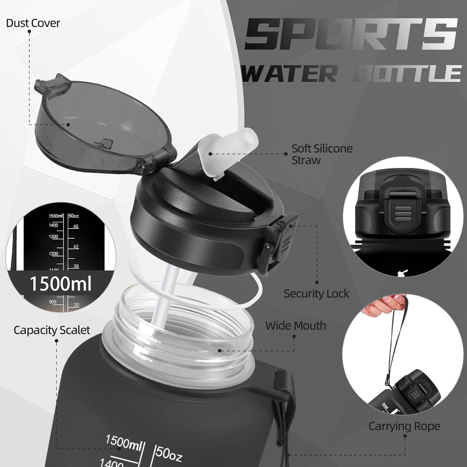 image:imageBouteille deau de 1 l avec paille et indicateur de temps antifuite pour la course le camping et la randonne bouteille de sportNoir