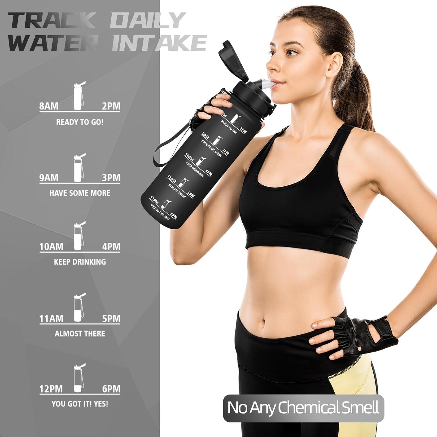 image:imageBouteille deau de 1 l avec paille et indicateur de temps antifuite pour la course le camping et la randonne bouteille de sportNoir