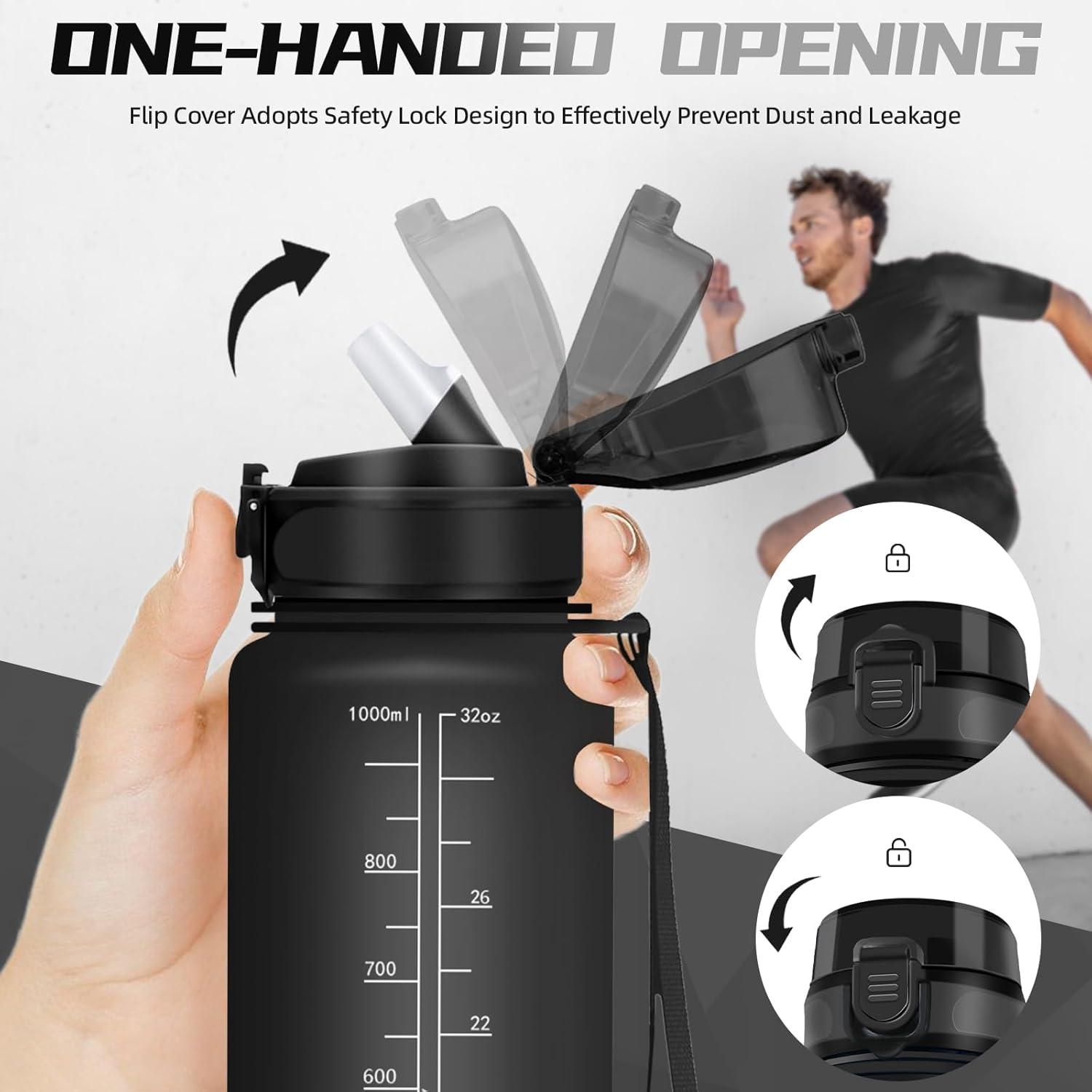 image:imageBouteille deau de 1 l avec paille et indicateur de temps antifuite pour la course le camping et la randonne bouteille de sportNoir