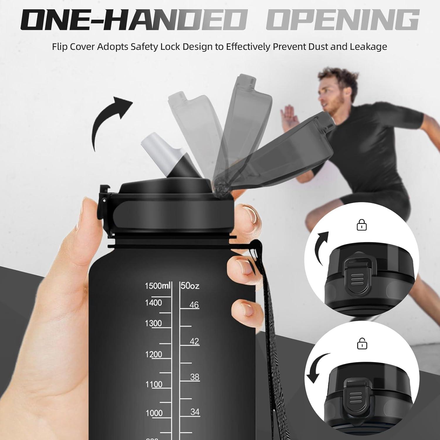 image:imageBouteille deau de 1 l avec paille et indicateur de temps antifuite pour la course le camping et la randonne bouteille de sportNoir