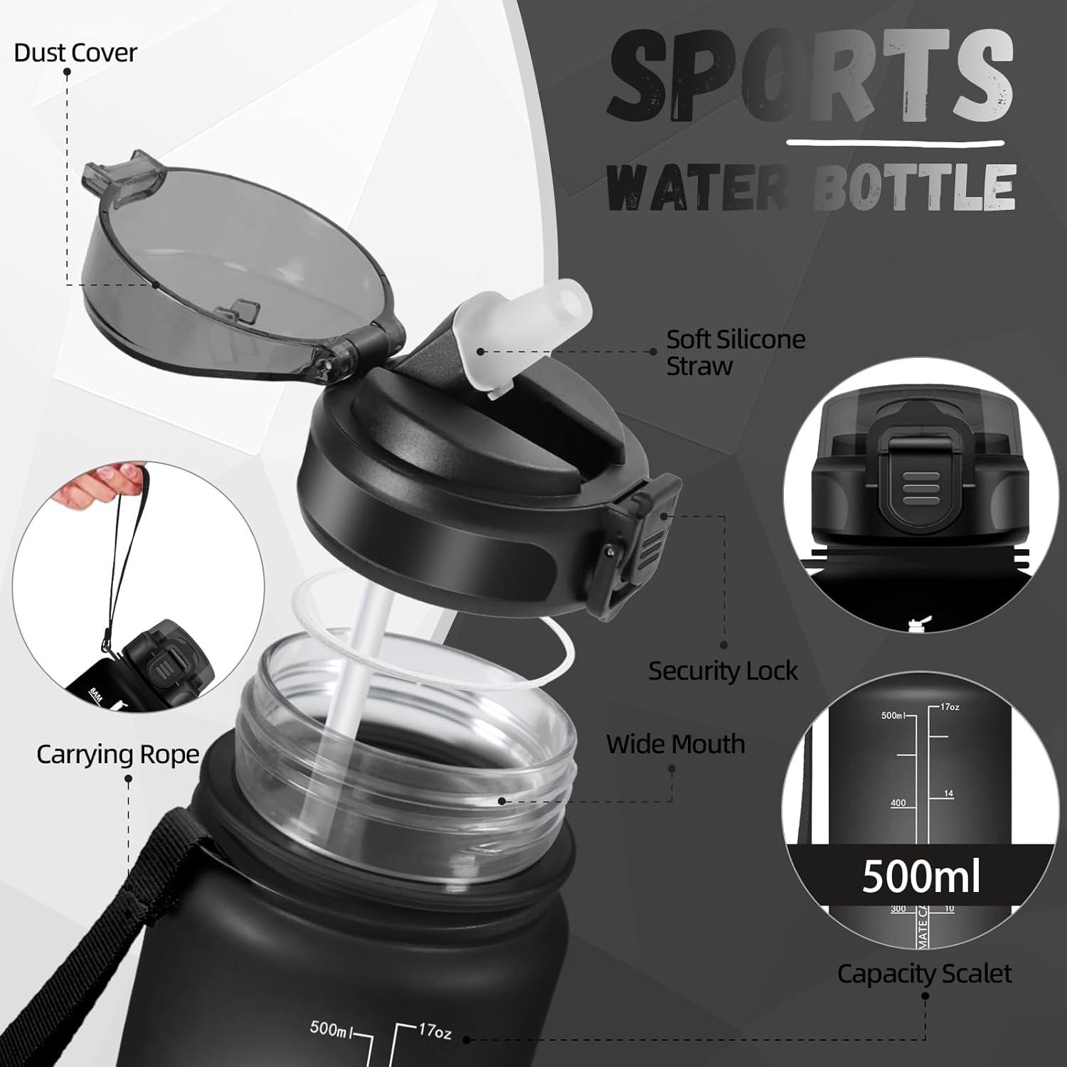 image:imageBouteille deau de 1 l avec paille et indicateur de temps antifuite pour la course le camping et la randonne bouteille de sportNoir