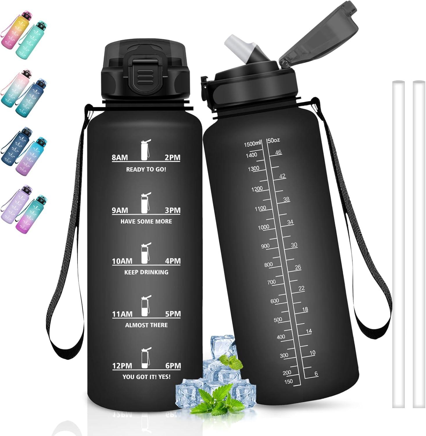 image:imageBouteille deau de 1 l avec paille et indicateur de temps antifuite pour la course le camping et la randonne bouteille de sportNoir