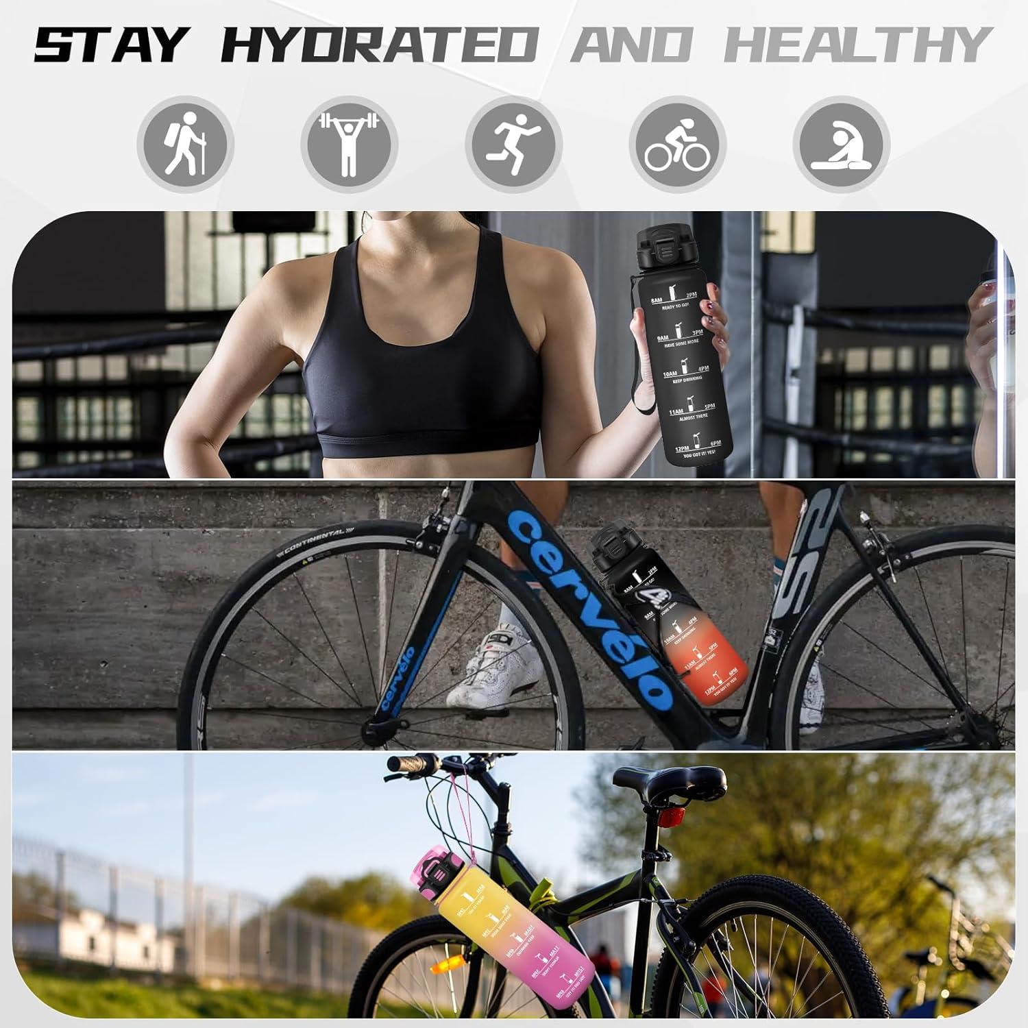 image:imageBouteille deau de 1 l avec paille et indicateur de temps antifuite pour la course le camping et la randonne bouteille de sportNoir