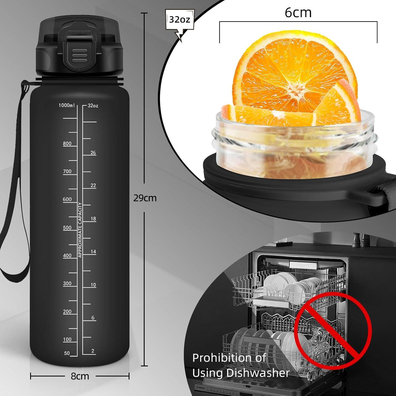 image:imageBouteille deau de 1 l avec paille et indicateur de temps antifuite pour la course le camping et la randonne bouteille de sportNoir