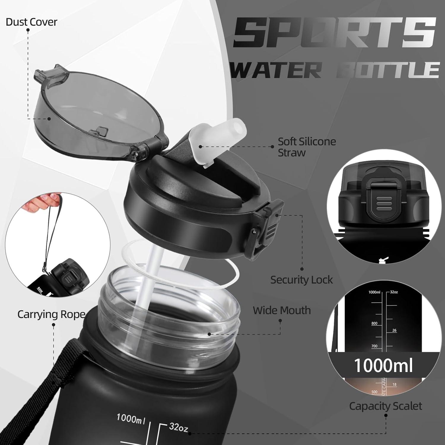 image:imageBouteille deau de 1 l avec paille et indicateur de temps antifuite pour la course le camping et la randonne bouteille de sportNoirrouge