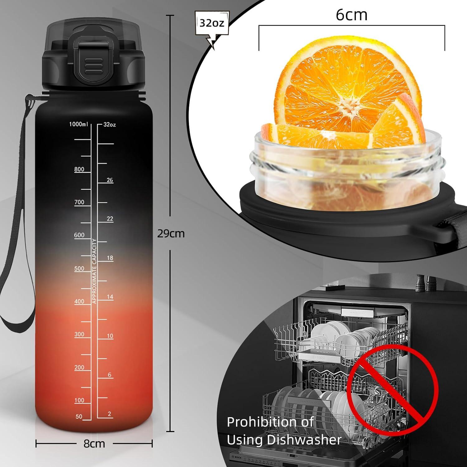 image:imageBouteille deau de 1 l avec paille et indicateur de temps antifuite pour la course le camping et la randonne bouteille de sportNoirrouge