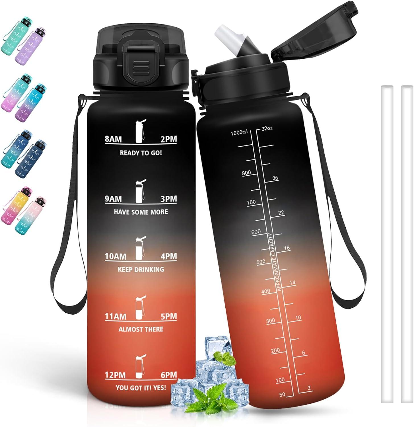 image:imageBouteille deau de 1 l avec paille et indicateur de temps antifuite pour la course le camping et la randonne bouteille de sportNoirrouge