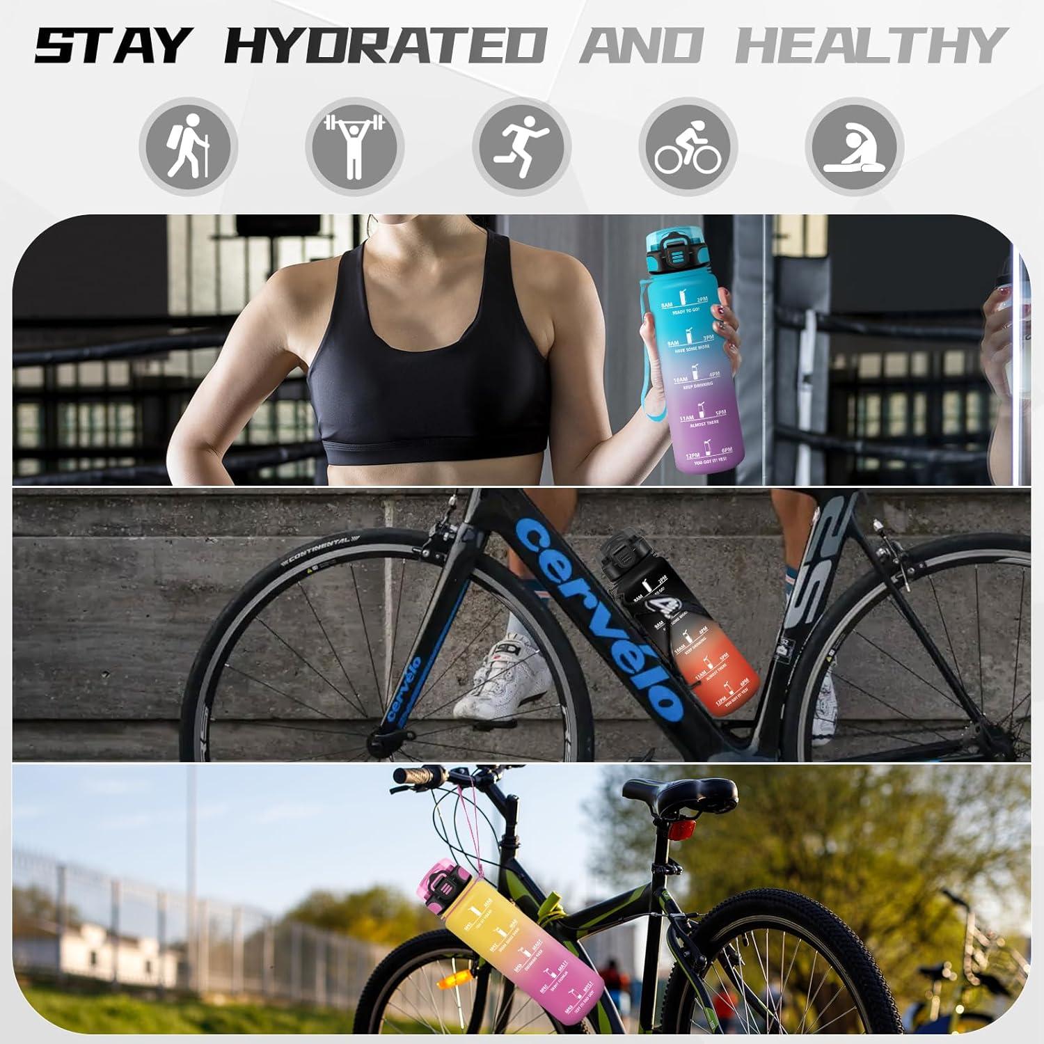 image:imageBouteille deau de 1 l avec paille et indicateur de temps antifuite pour la course le camping et la randonne bouteille de sportNoirrouge