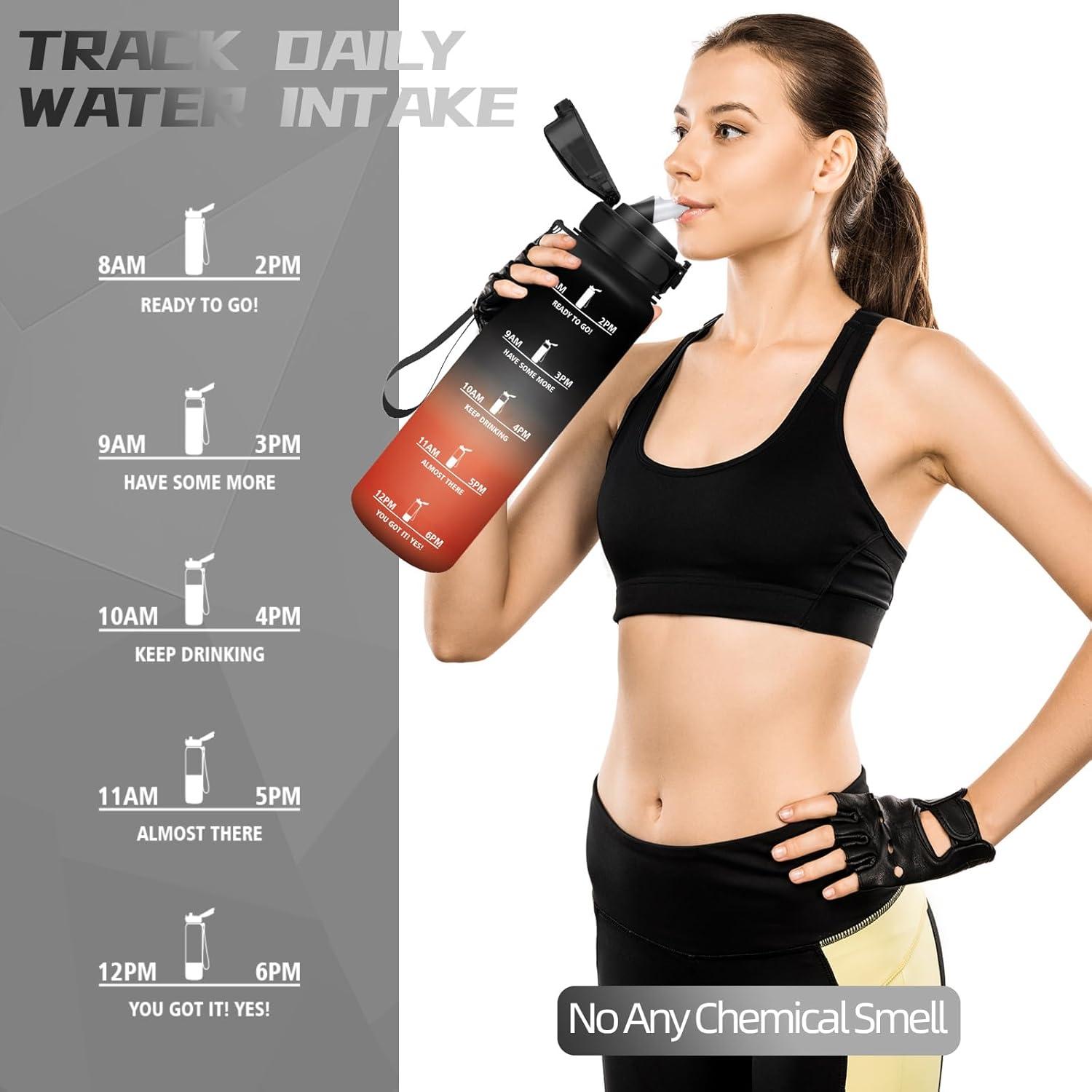 image:imageBouteille deau de 1 l avec paille et indicateur de temps antifuite pour la course le camping et la randonne bouteille de sportNoirrouge