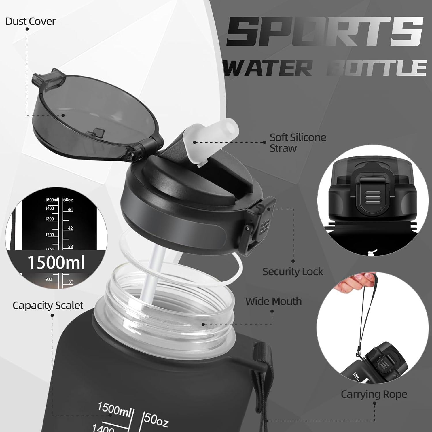 image:imageBouteille deau de 1 l avec paille et indicateur de temps antifuite pour la course le camping et la randonne bouteille de sportNoirrouge1