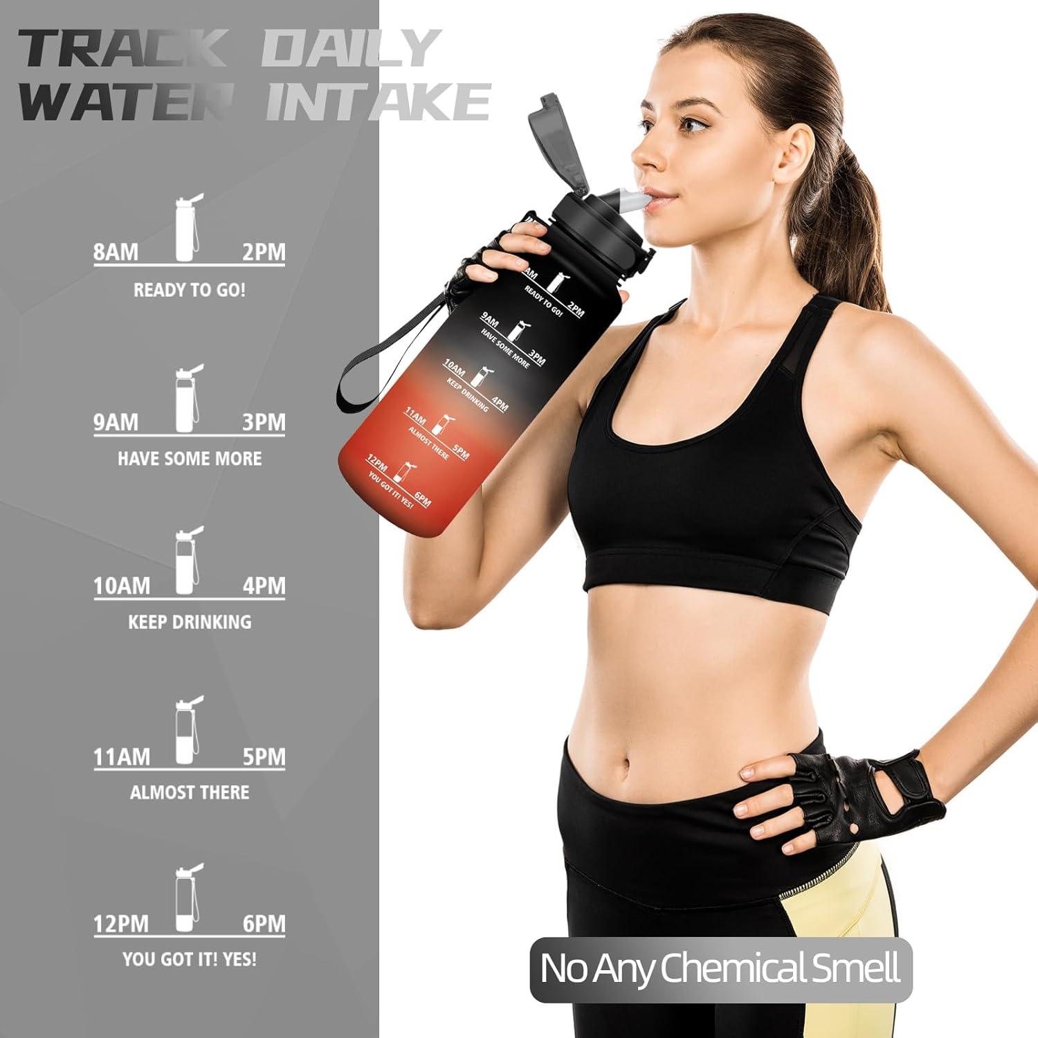 image:imageBouteille deau de 1 l avec paille et indicateur de temps antifuite pour la course le camping et la randonne bouteille de sportNoirrouge1