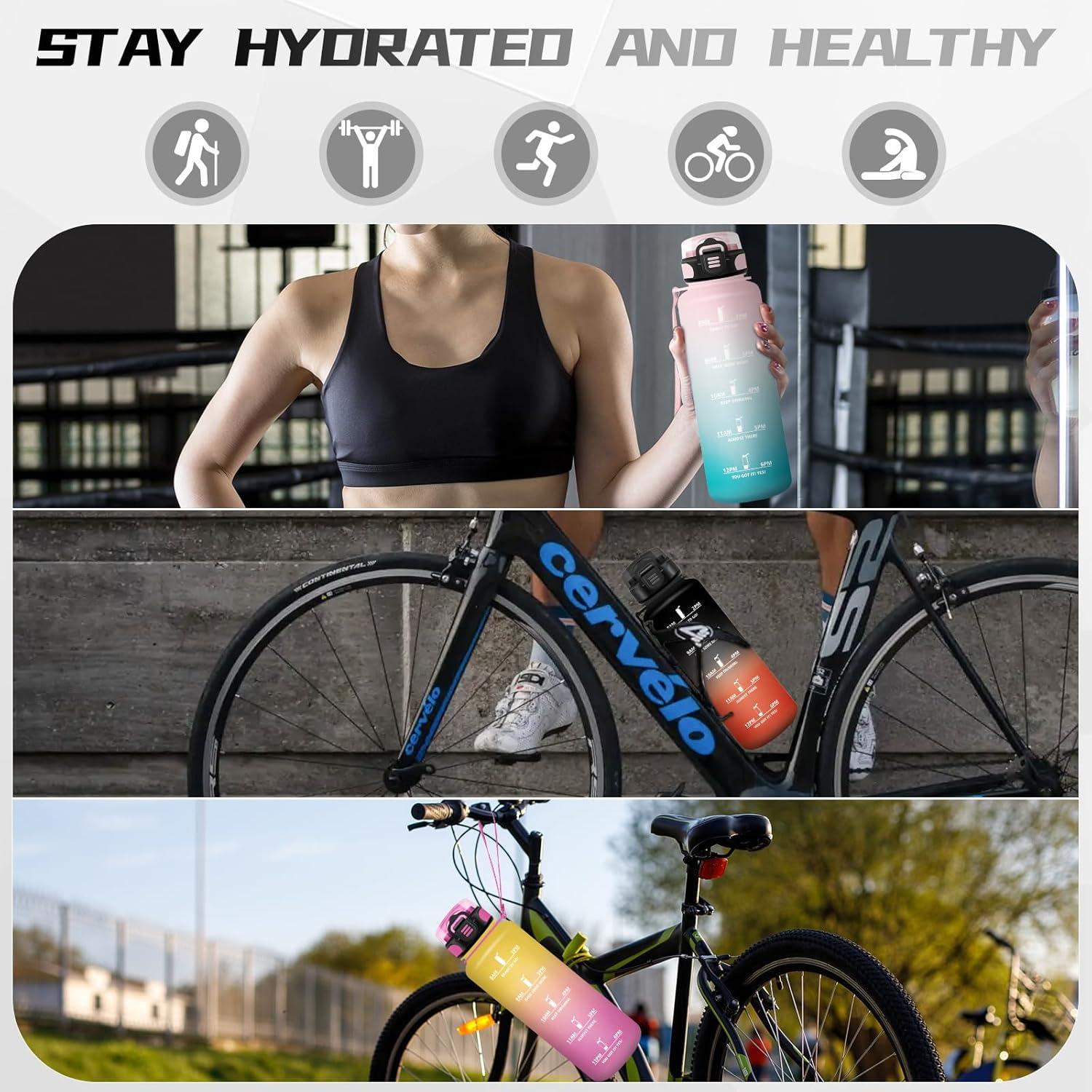 image:imageBouteille deau de 1 l avec paille et indicateur de temps antifuite pour la course le camping et la randonne bouteille de sportNoirrouge1
