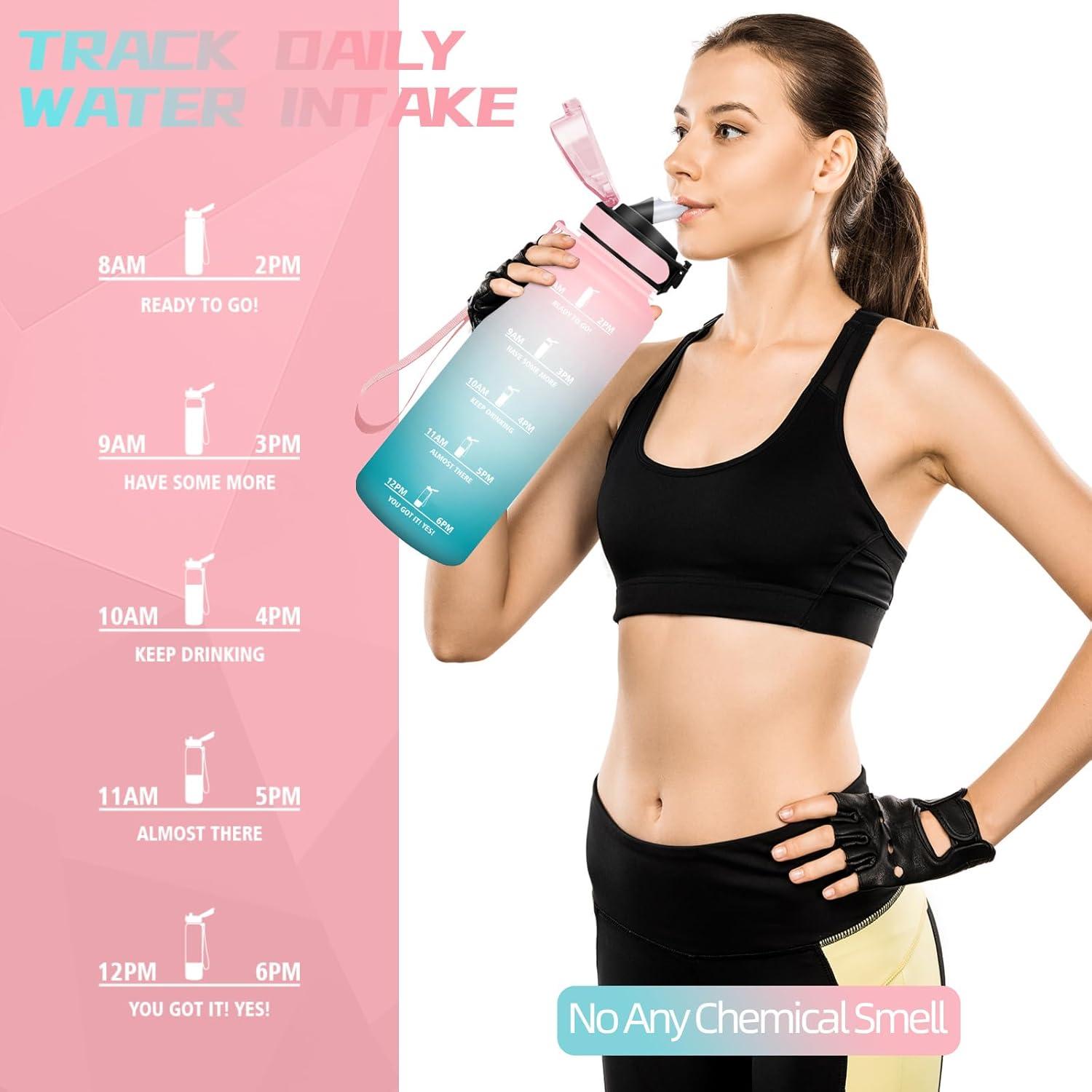 image:imageBouteille deau de 1 l avec paille et indicateur de temps antifuite pour la course le camping et la randonne bouteille de sportRosecyan1