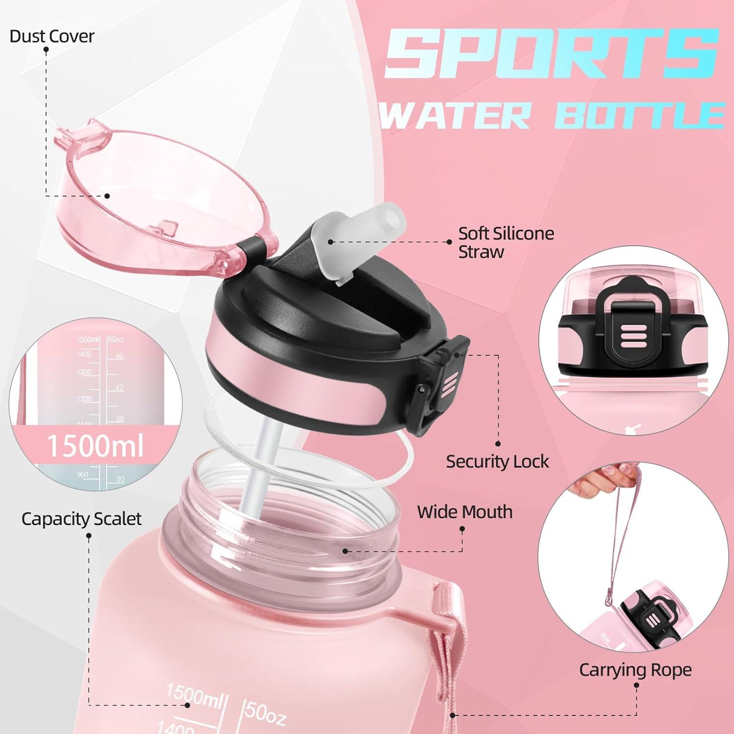 image:imageBouteille deau de 1 l avec paille et indicateur de temps antifuite pour la course le camping et la randonne bouteille de sportRosecyan1