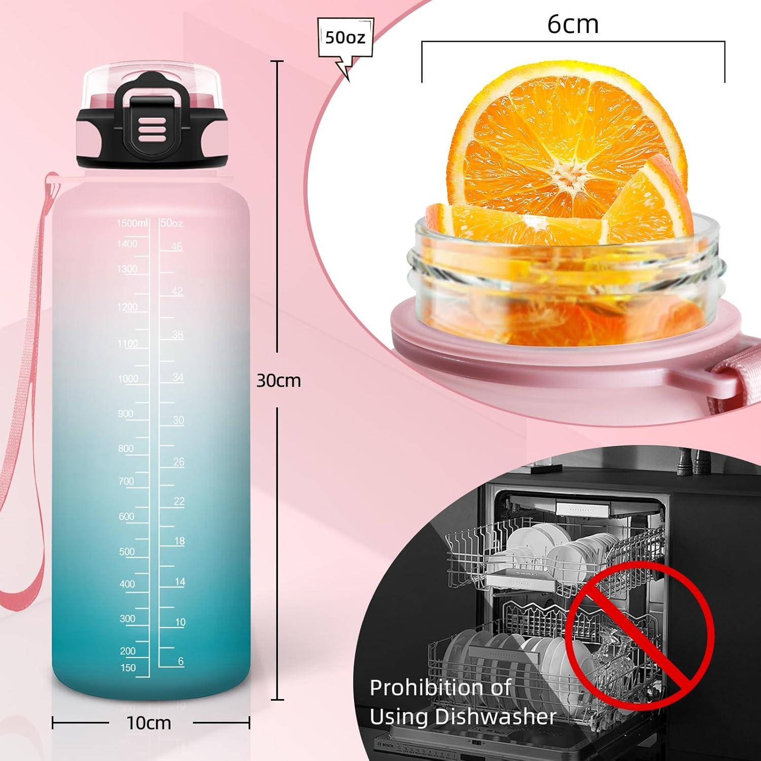 image:imageBouteille deau de 1 l avec paille et indicateur de temps antifuite pour la course le camping et la randonne bouteille de sportRosecyan1