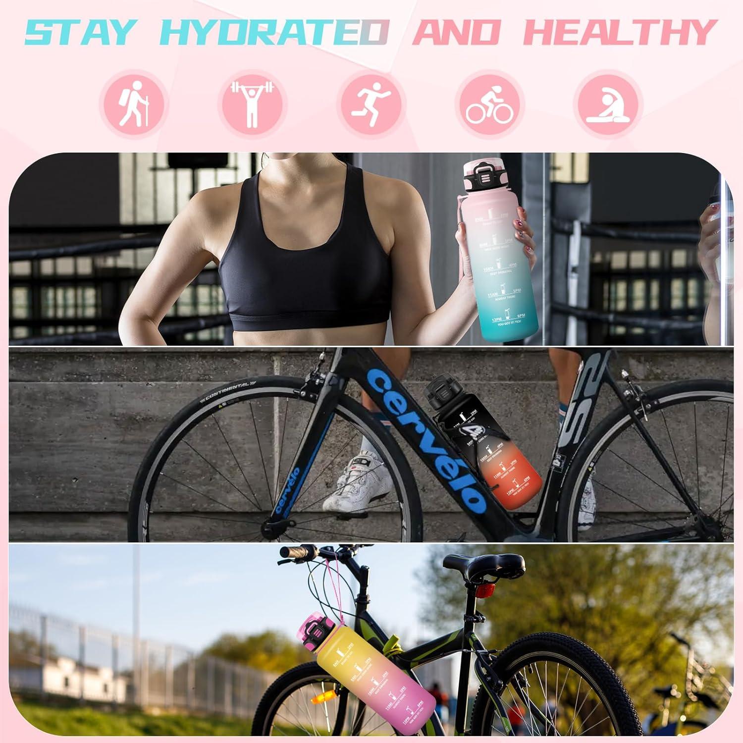 image:imageBouteille deau de 1 l avec paille et indicateur de temps antifuite pour la course le camping et la randonne bouteille de sportRosecyan1