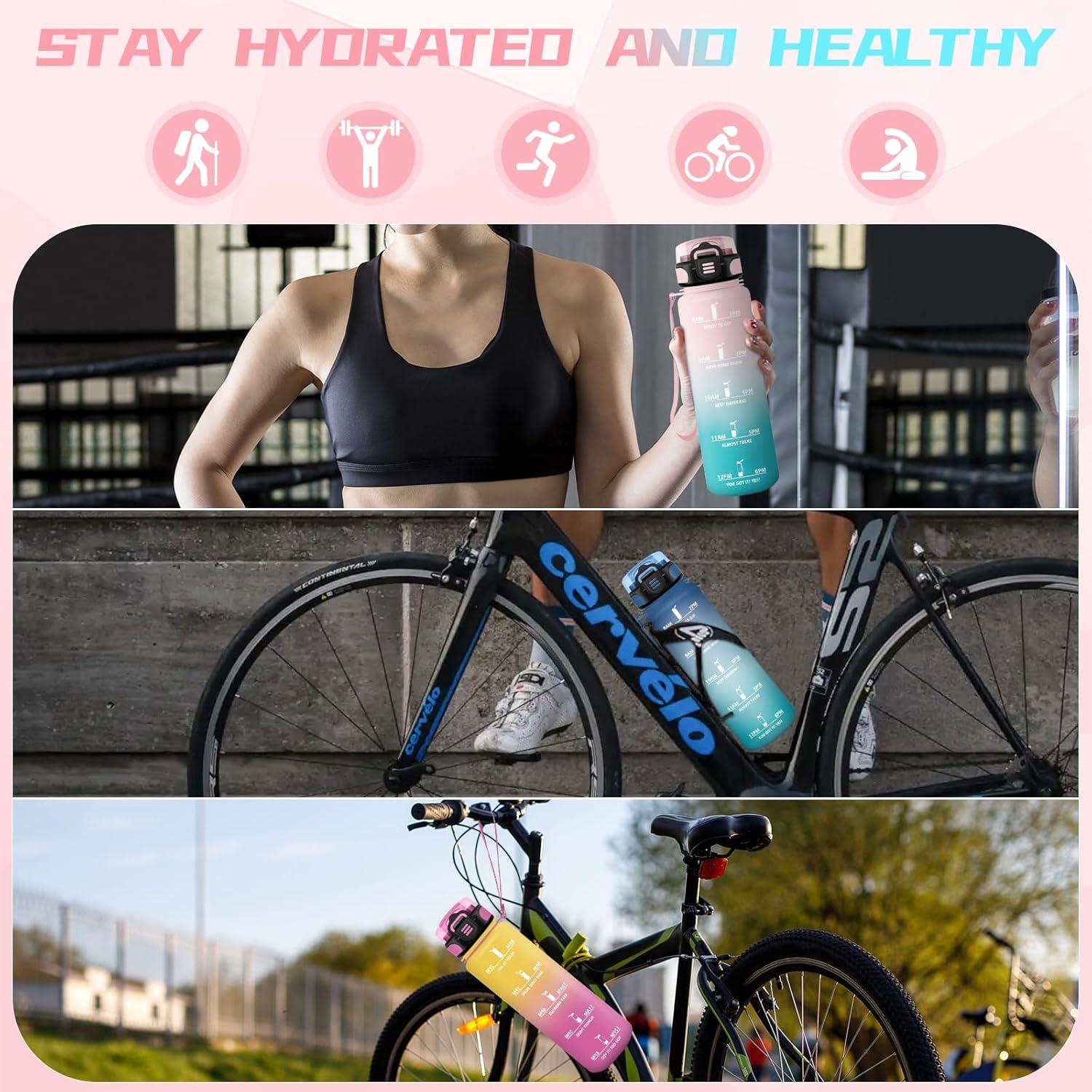 image:imageBouteille deau de 1 l avec paille et indicateur de temps antifuite pour la course le camping et la randonne bouteille de sportRosevert