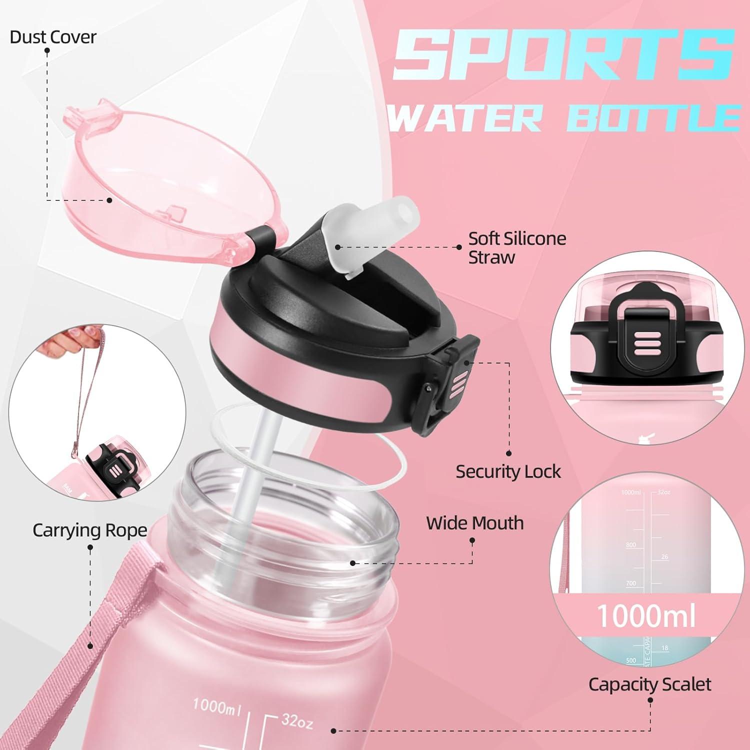 image:imageBouteille deau de 1 l avec paille et indicateur de temps antifuite pour la course le camping et la randonne bouteille de sportRosevert