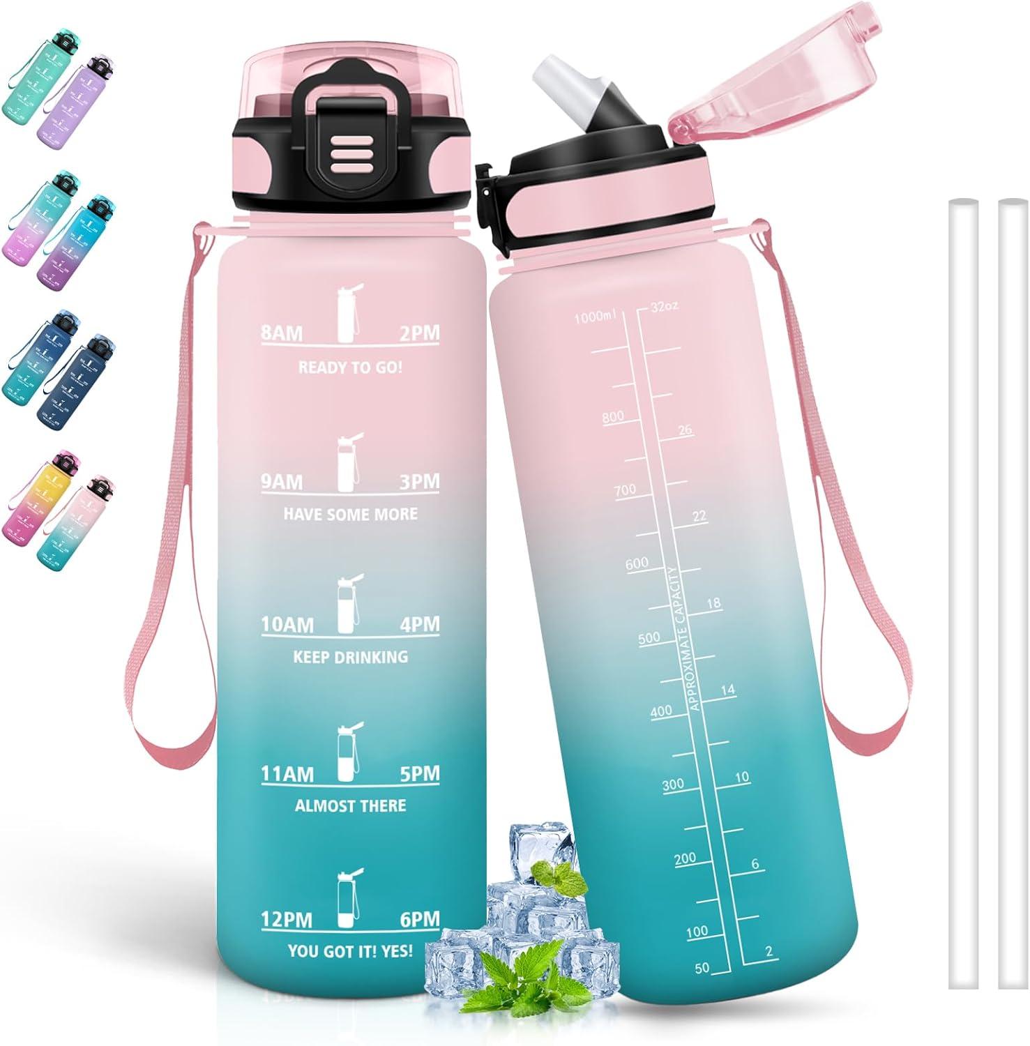 image:imageBouteille deau de 1 l avec paille et indicateur de temps antifuite pour la course le camping et la randonne bouteille de sportRosevert