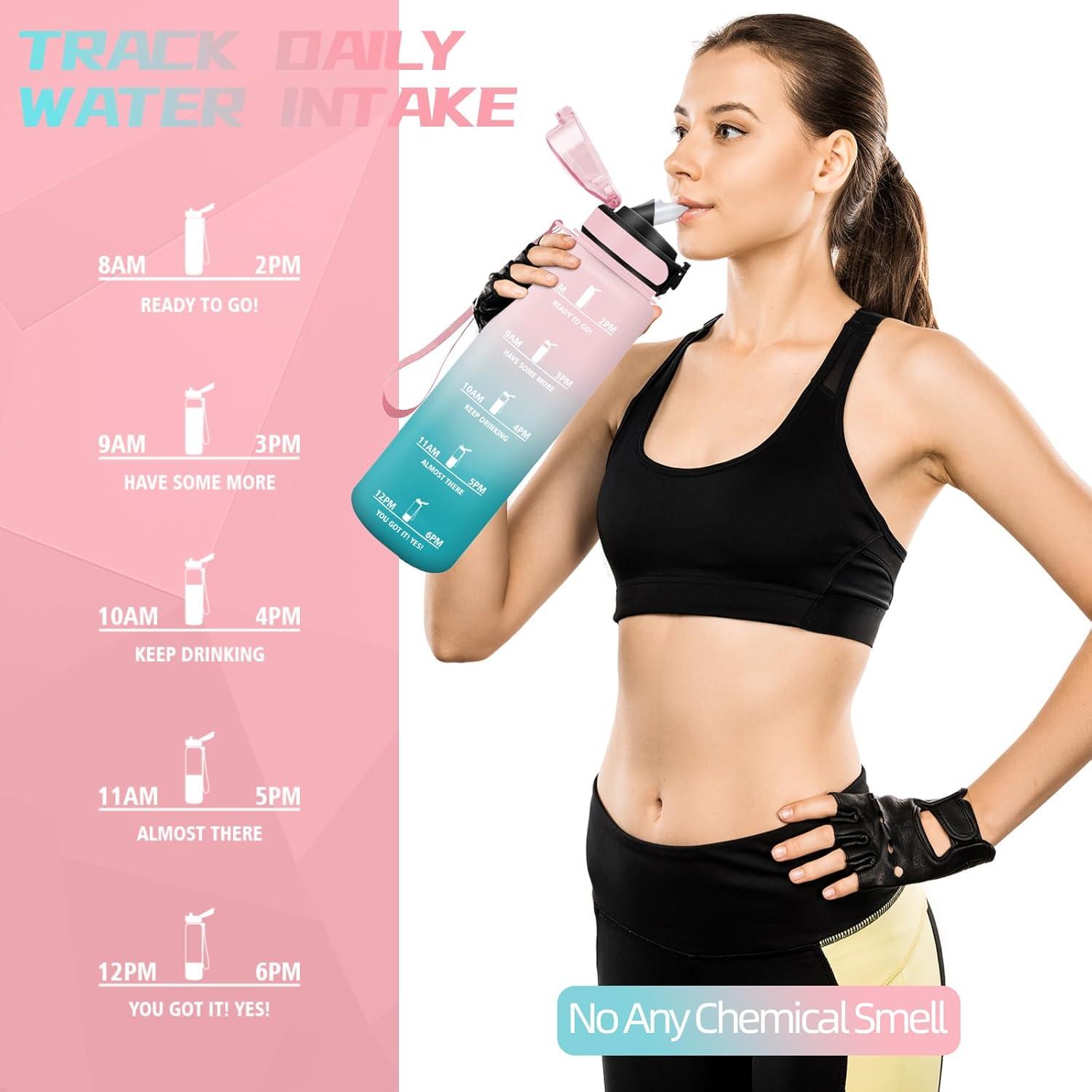 image:imageBouteille deau de 1 l avec paille et indicateur de temps antifuite pour la course le camping et la randonne bouteille de sportRosevert