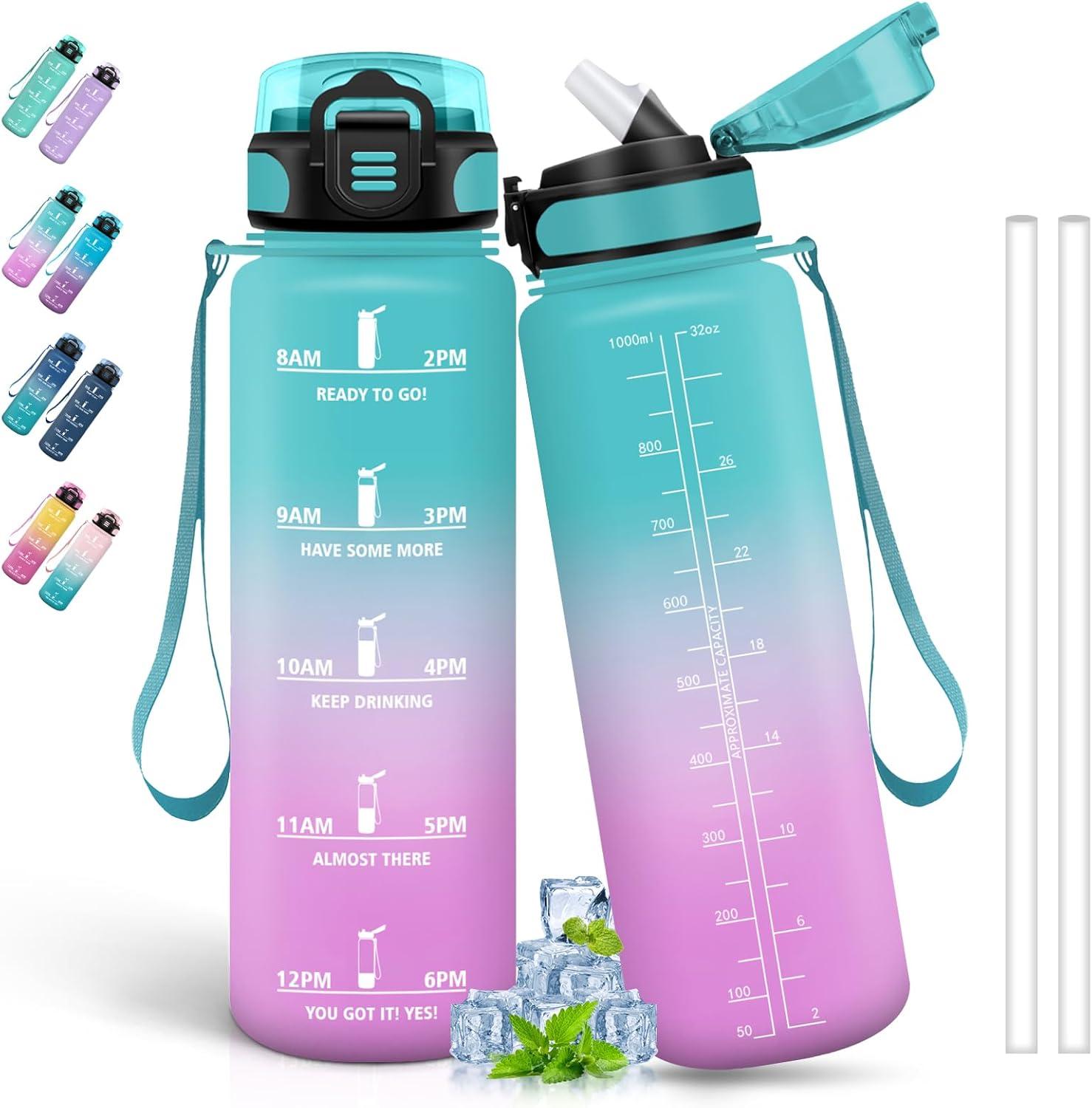 image:imageBouteille deau de 1 l avec paille et indicateur de temps antifuite pour la course le camping et la randonne bouteille de sportVertrose