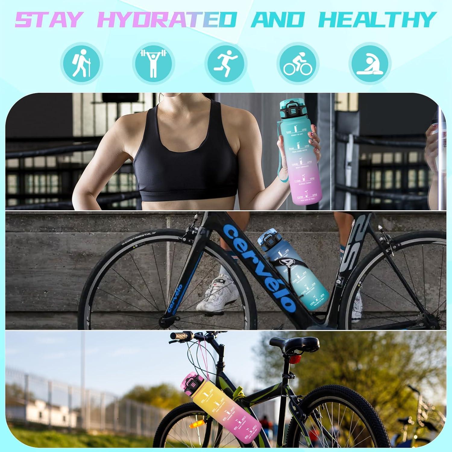 image:imageBouteille deau de 1 l avec paille et indicateur de temps antifuite pour la course le camping et la randonne bouteille de sportVertrose